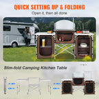 VEVOR Camping Kitchen Table, Folding Outdoor Cooking Table with Storage Carrying Bag, Aluminum Cook Station 3 Cupboard & Detachable Windscreen, Quick Set-up for Picnics, BBQ, RV Traveling, Brown