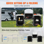 VEVOR Camping Kitchen Table, Folding Outdoor Cooking Table with Storage Carrying Bag, Aluminum Cook Station 3 Cupboard & Detachable Windscreen, Quick Set-up for Picnics, BBQ, RV Traveling, Black