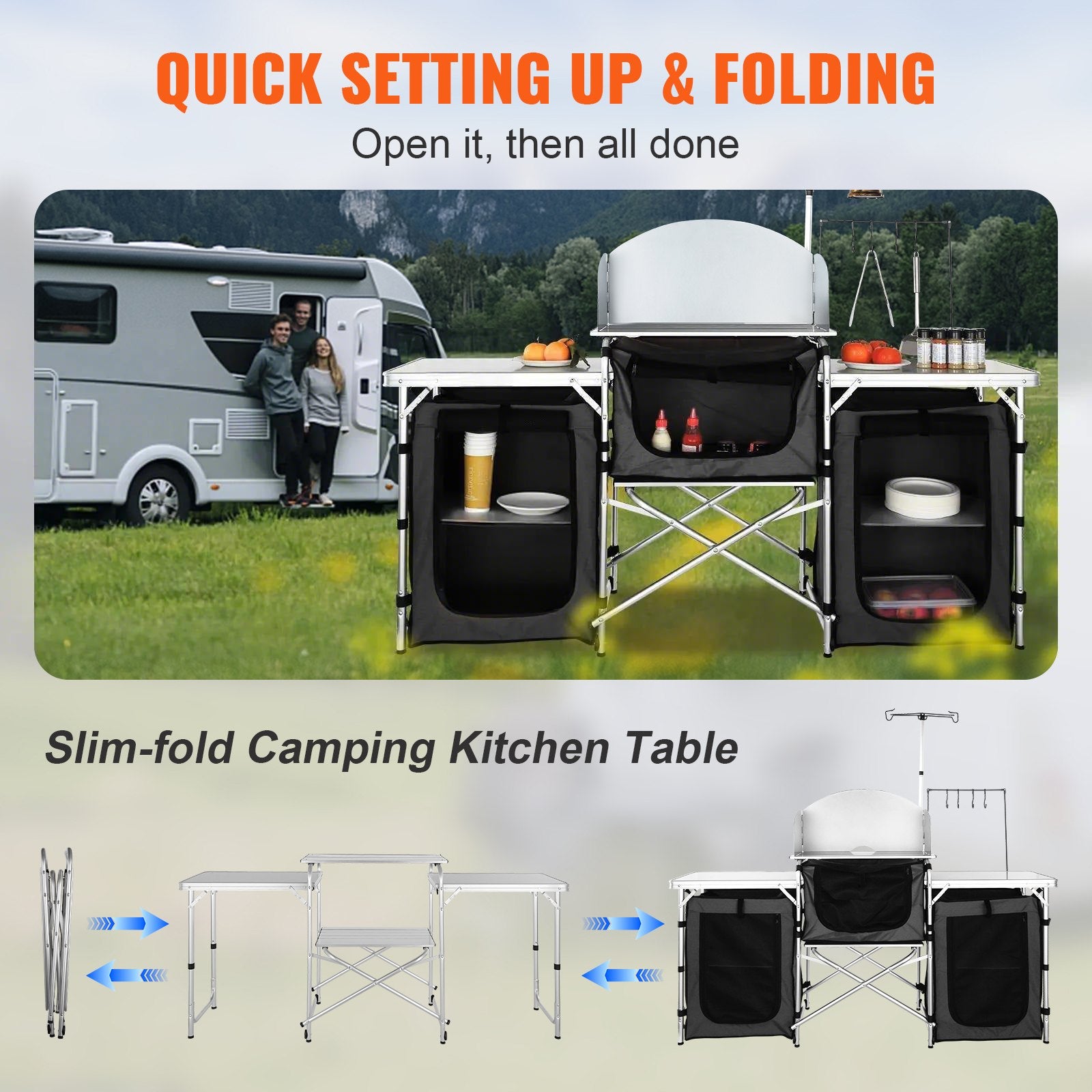 VEVOR Camping Kitchen Table, Folding Outdoor Cooking Table with Storage Carrying Bag, Aluminum Cook Station 3 Cupboard & Detachable Windscreen, Quick Set-up for Picnics, BBQ, RV Traveling, Black