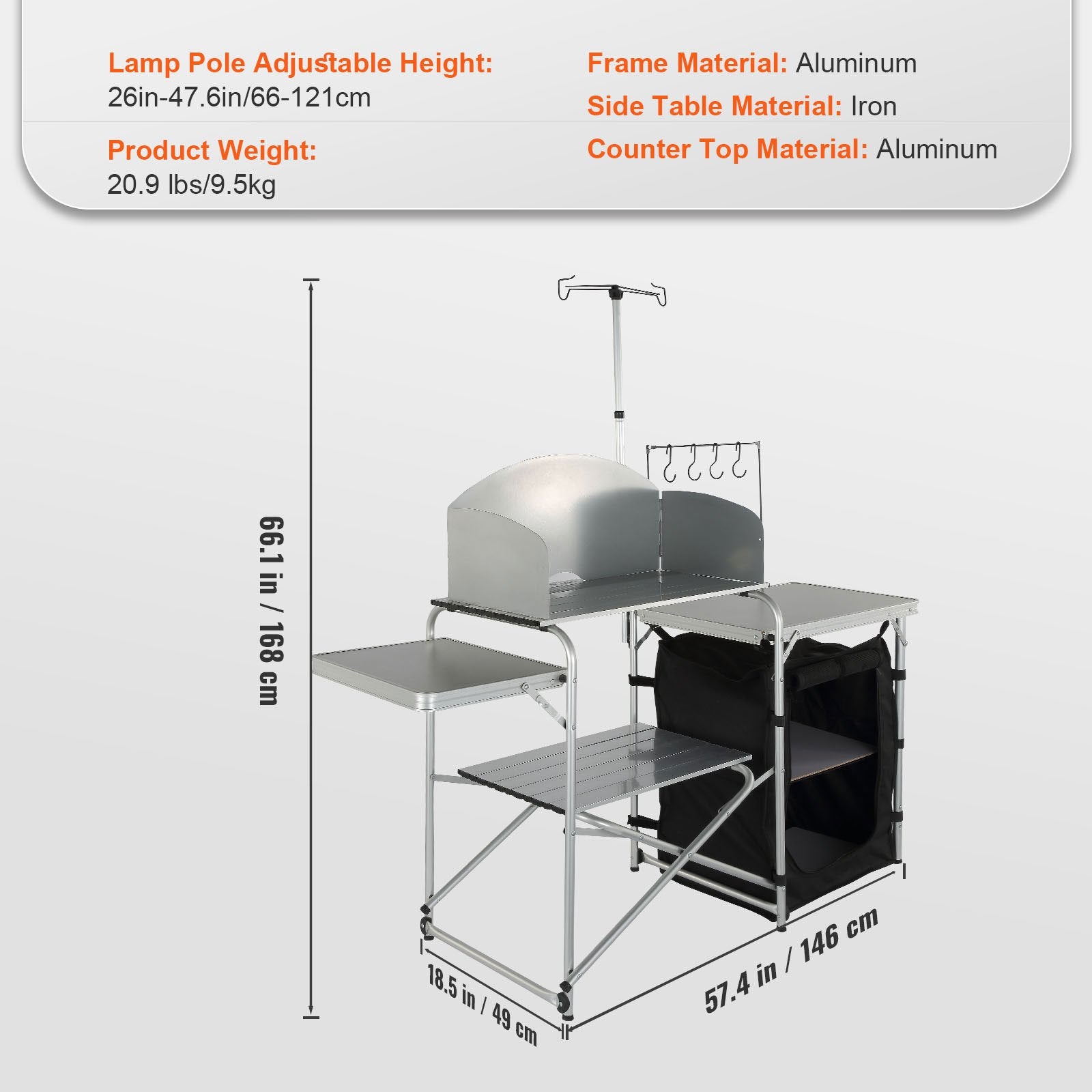 VEVOR Camping Kitchen Table Folding Portable Cook Table 1 Cupboard & Windscreen