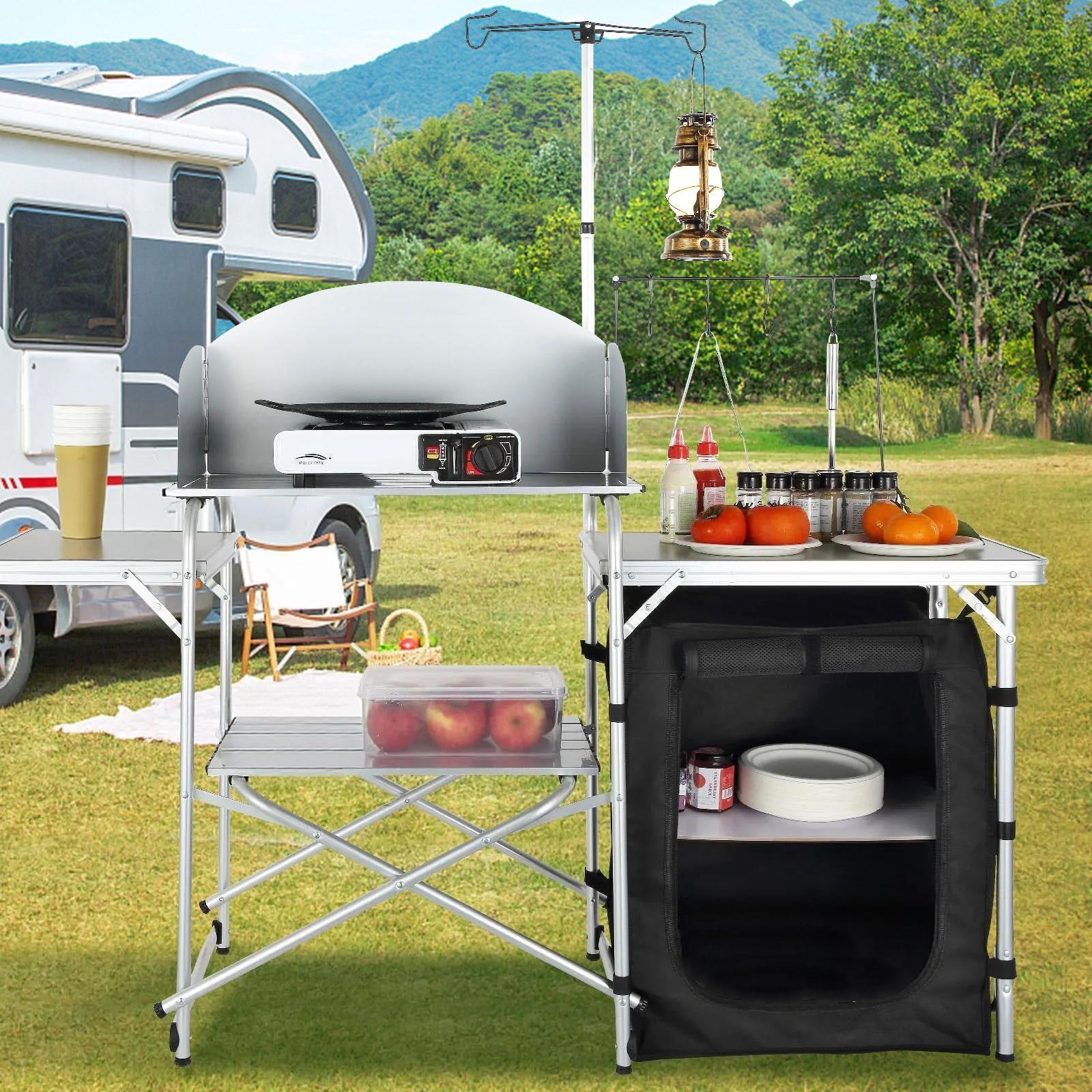VEVOR Camping Kitchen Table Folding Portable Cook Table 1 Cupboard & Windscreen