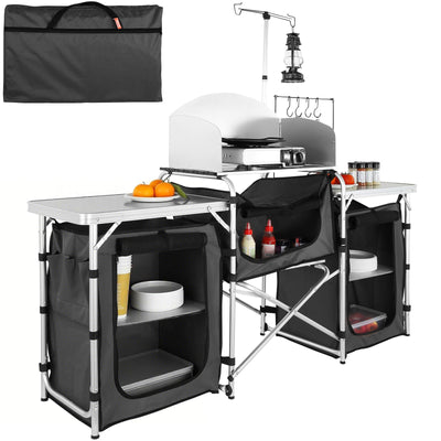 VEVOR Camping Kitchen Table, Folding Outdoor Cooking Table with Storage Carrying Bag, Aluminum Cook Station 3 Cupboard & Detachable Windscreen, Quick Set-up for Picnics, BBQ, RV Traveling, Black