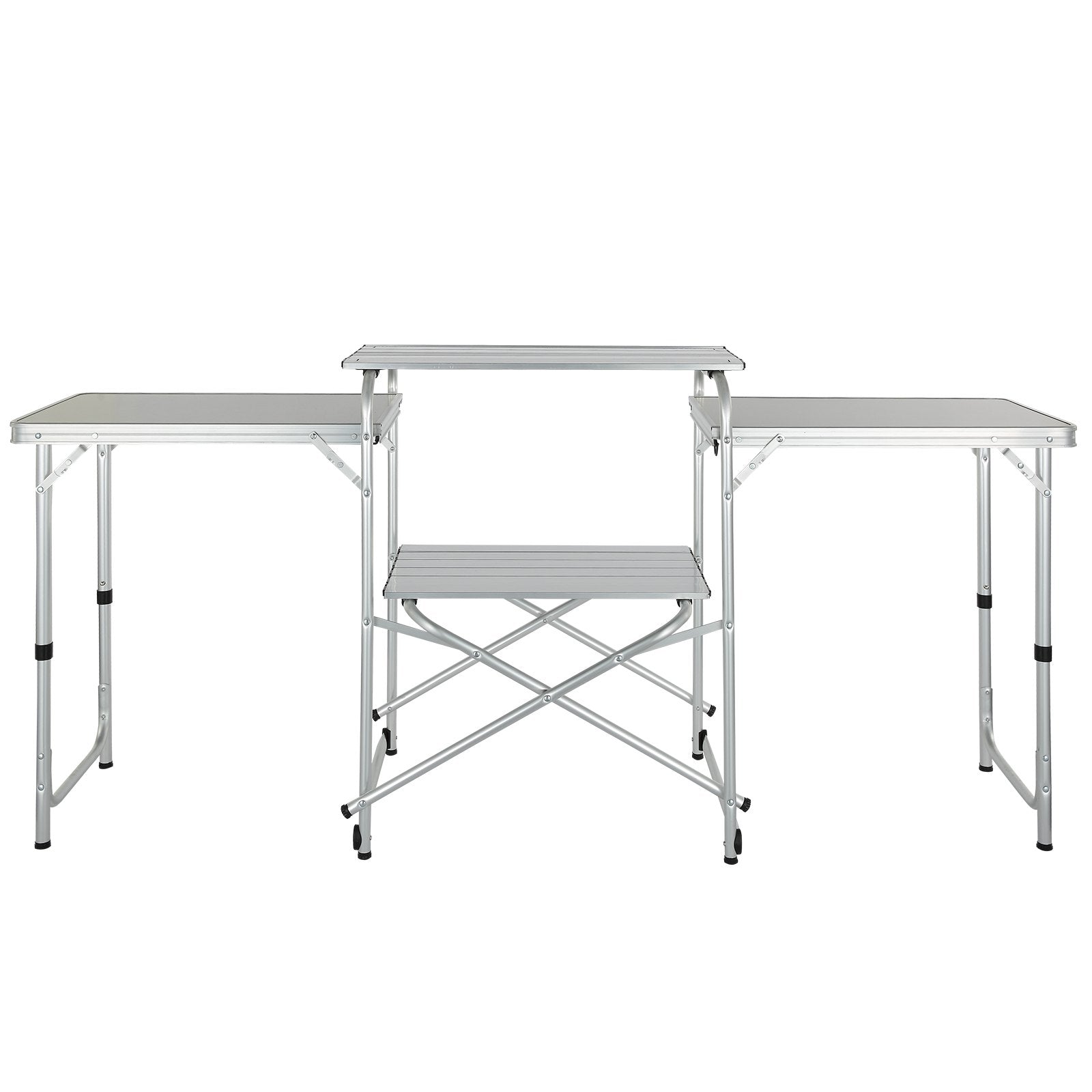 VEVOR Camping Kitchen Table, Folding Outdoor Cooking Table with Storage Carrying Bag, Aluminum Cook Station 3 Cupboard & Detachable Windscreen, Quick Set-up for Picnics, BBQ, RV Traveling, Brown