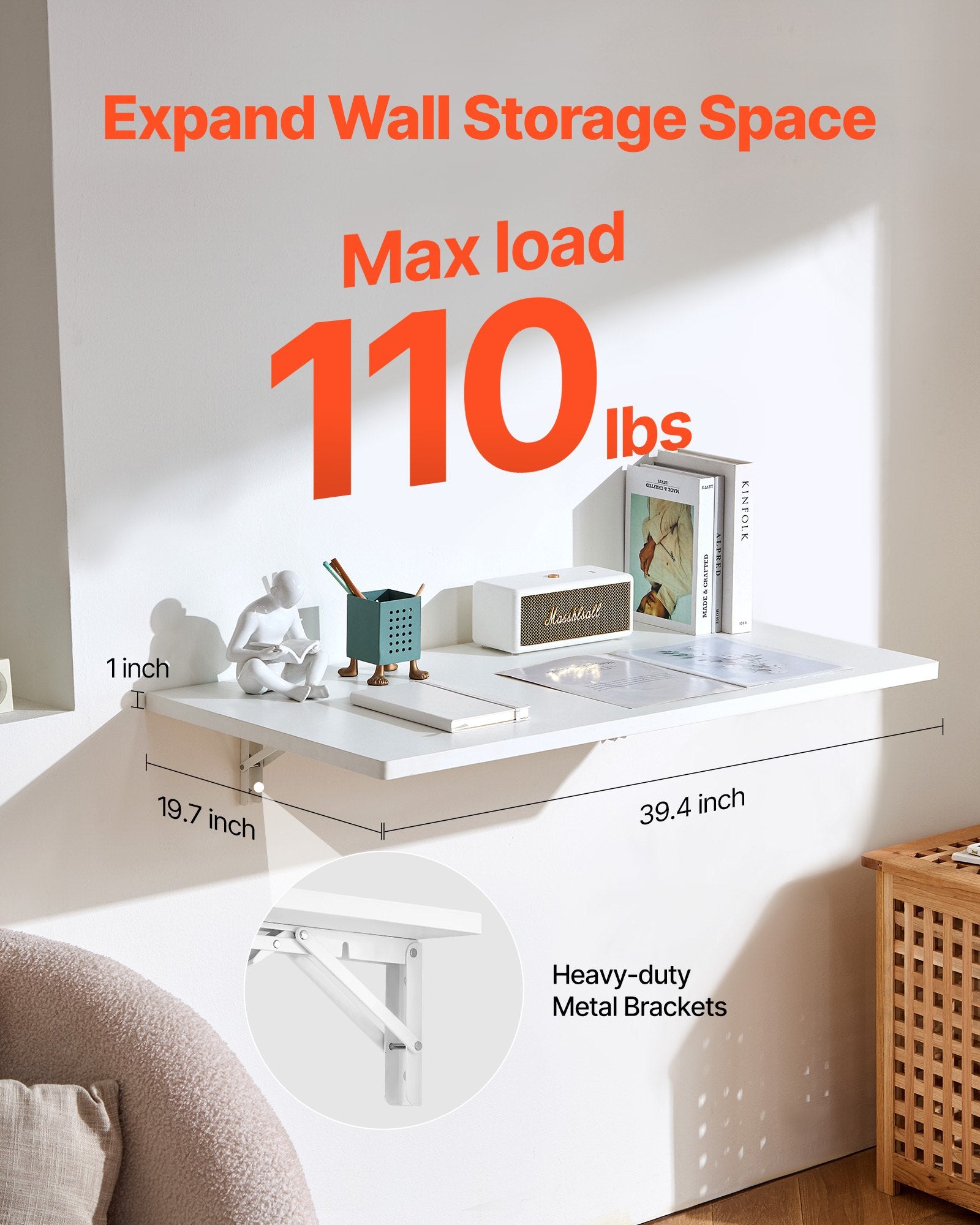 VEVOR Wall Mounted Folding Table, 39.4 x 19.7 inches Wall Mount Table, Floating Desk with Iron Bracket, Fold Down Desk for Small Spaces, Home Office, Dining, Laundry Room, Kitchen, Bar, White