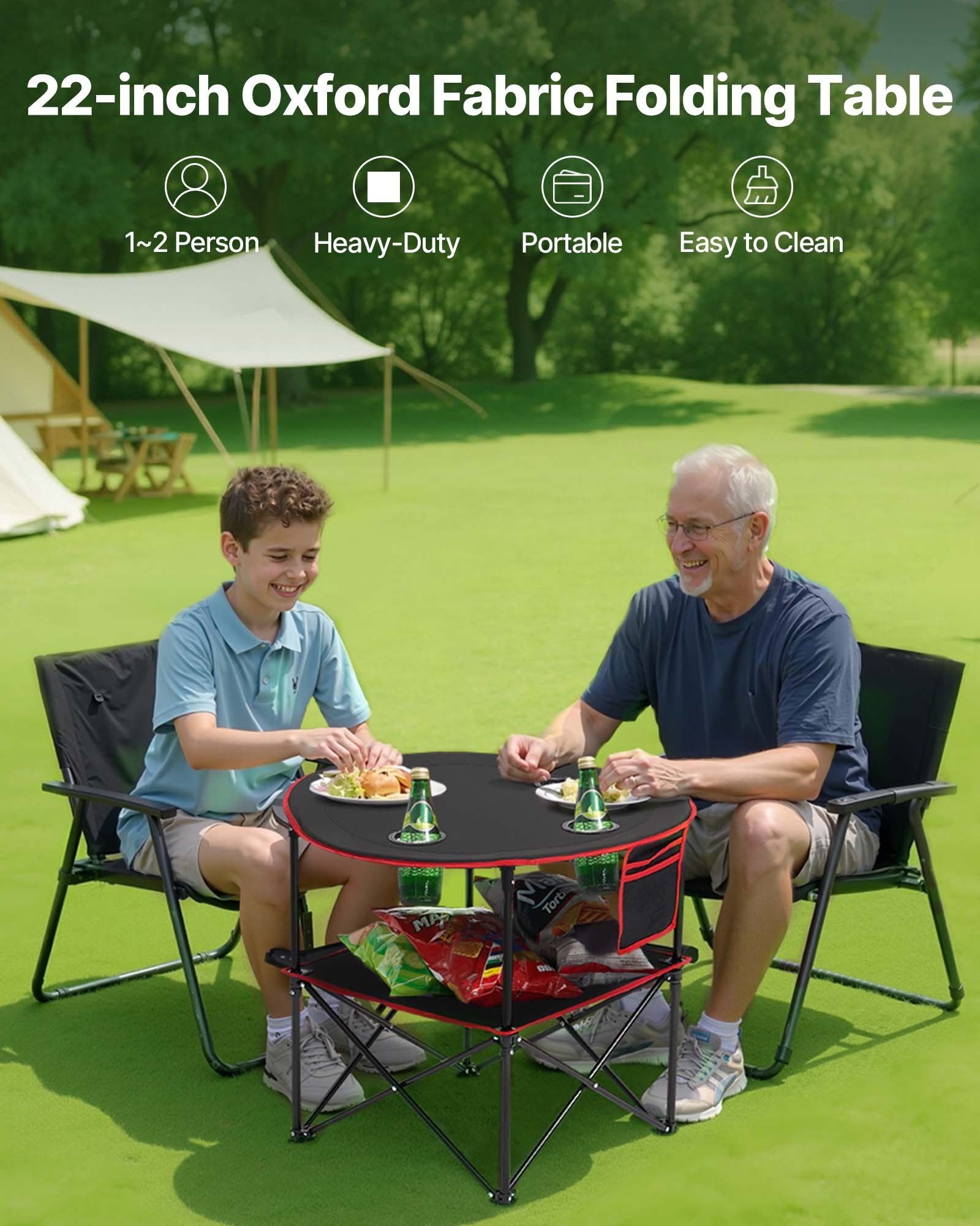 VEVOR Folding Camping Table, Portable Outdoor Lightweight Picnic Table, 600D Oxford Fabric Waterproof Canvas Travel Beach Tables, with 4 Cup Holders, Carry Bag, for Tailgating Camping Picnic, Black