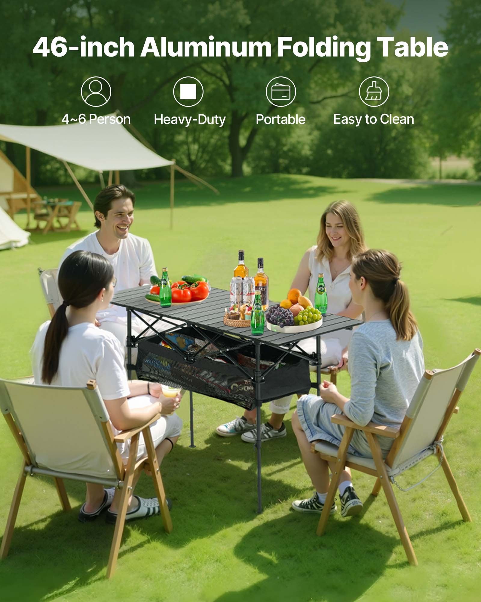 VEVOR Folding Camping Table, Portable Roll Up Side Tables, Lightweight Aluminum Beach Table with Adjustable Height, Large Storage Bag and Carry Bag, For Outdoor BBQ Tailgating Picnic, Travel, Black