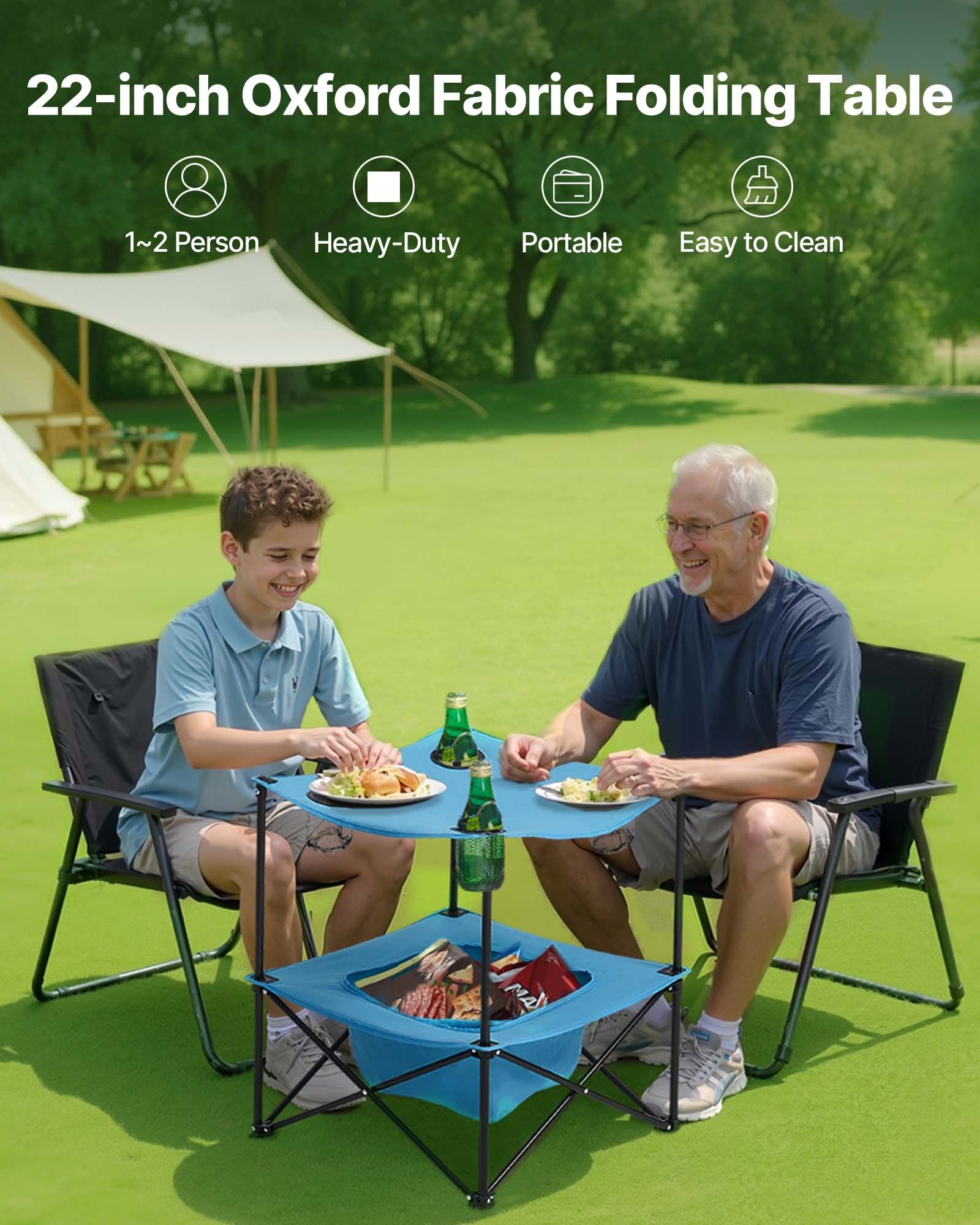 VEVOR Folding Camping Table, Portable Outdoor Lightweight Picnic Table, 600D Oxford Fabric Waterproof Canvas Travel Beach Tables, with 4 Cup Holders, Carry Bag, for Tailgating Camping Picnic, Blue
