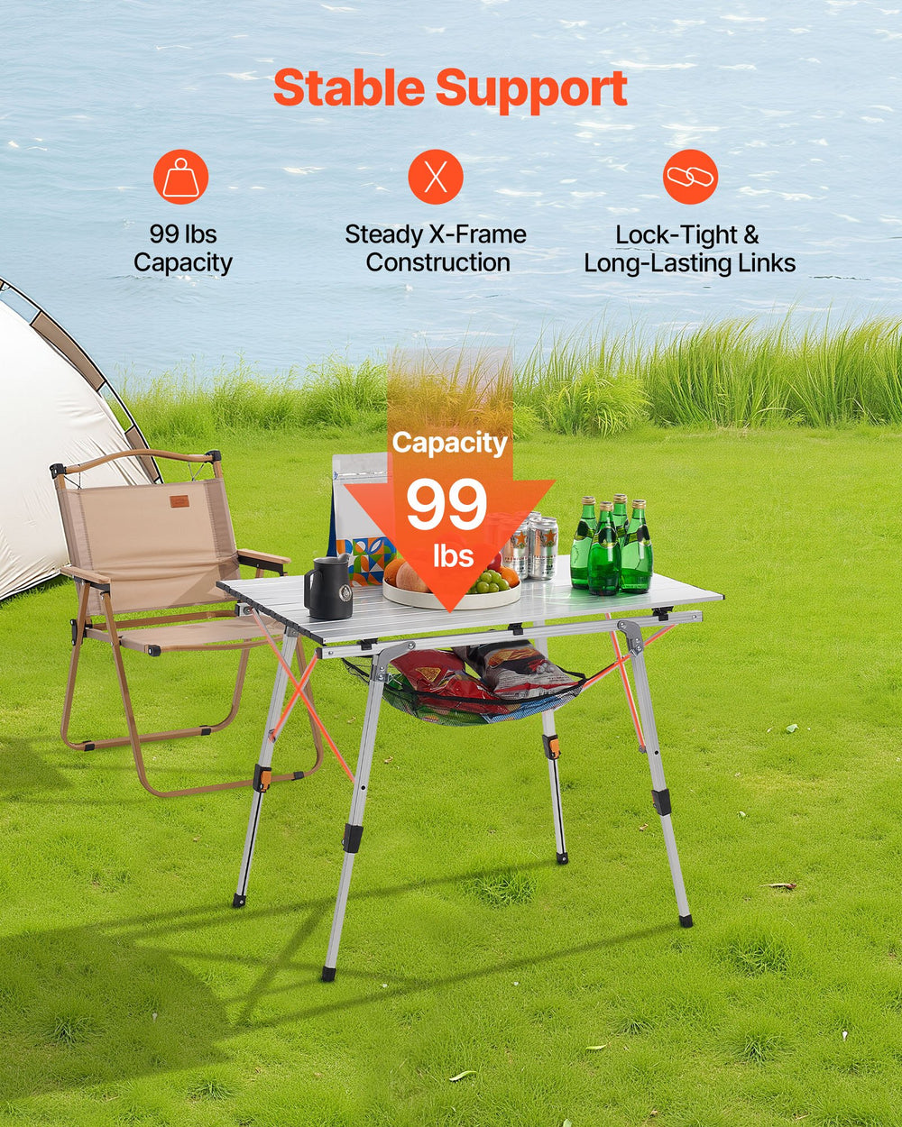 VEVOR Folding Camping Table, Portable Roll Up Side Tables, Lightweight Aluminum Beach Table with Adjustable Height, Top Mesh Layer and Carry Bag, For Outdoor BBQ Tailgating Picnic, Travel, Silver