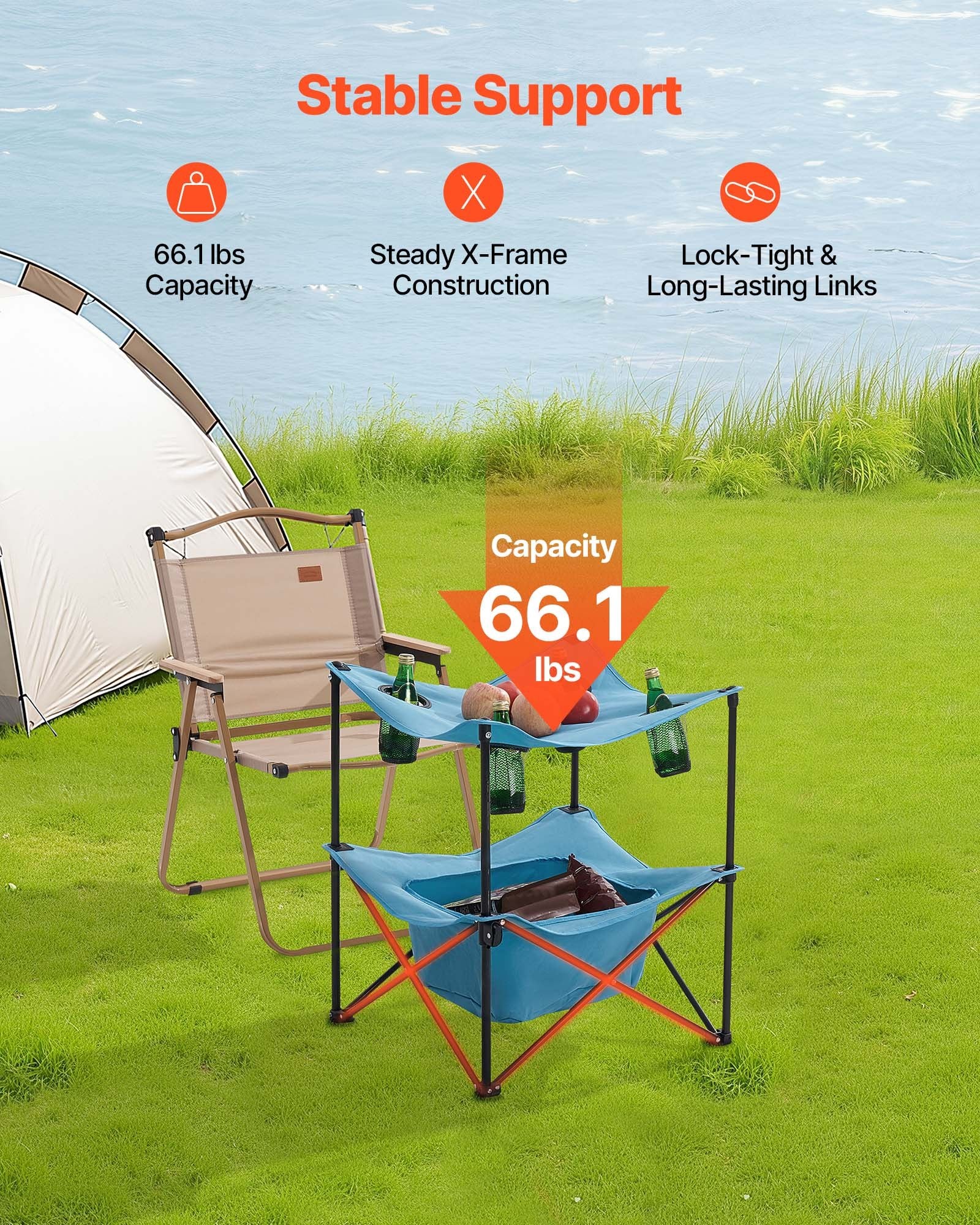 VEVOR Folding Camping Table, Portable Outdoor Lightweight Picnic Table, 600D Oxford Fabric Waterproof Canvas Travel Beach Tables, with 4 Cup Holders, Carry Bag, for Tailgating Camping Picnic, Blue