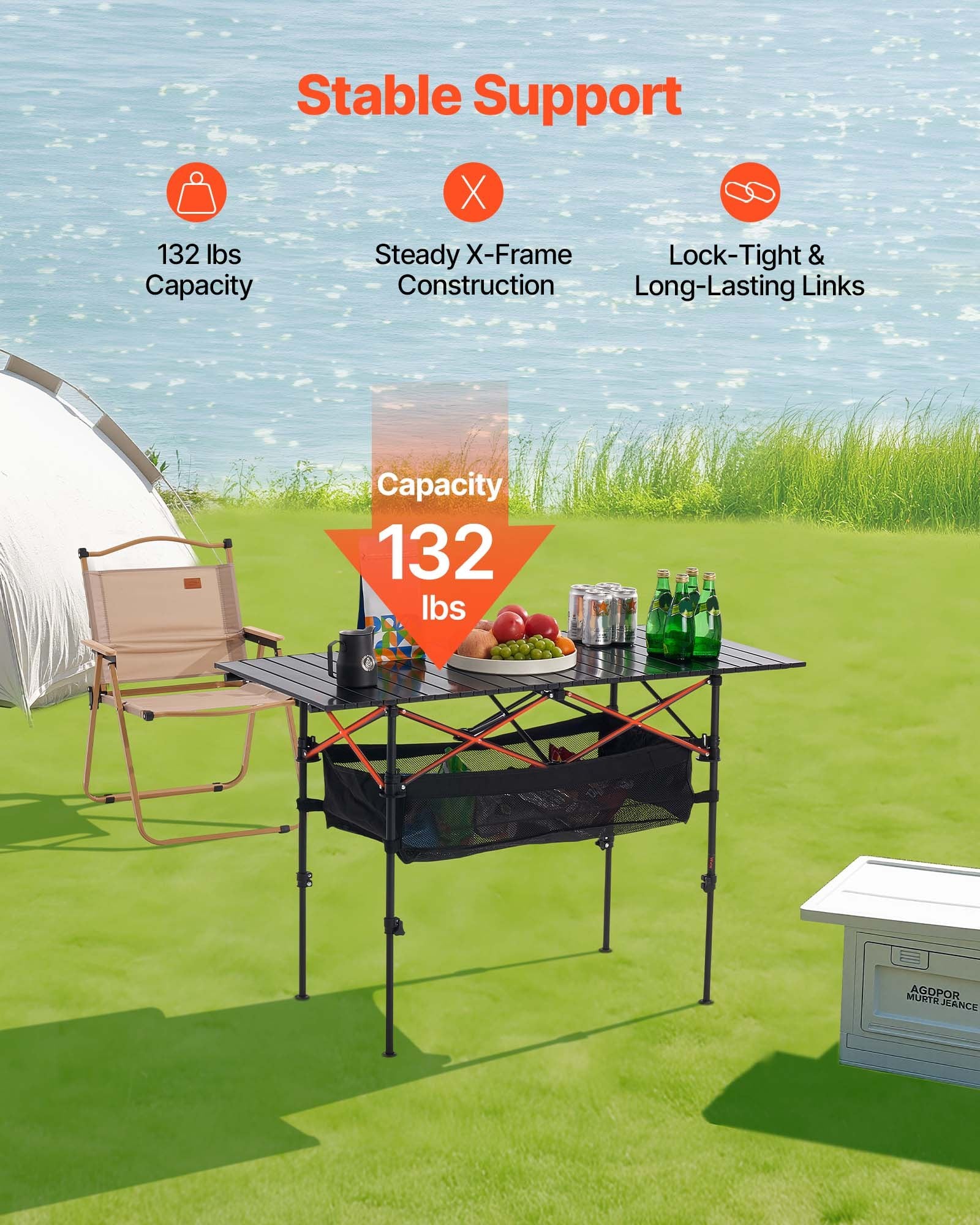 VEVOR Folding Camping Table, Portable Roll Up Side Tables, Lightweight Aluminum Beach Table with Adjustable Height, Large Storage Bag and Carry Bag, For Outdoor BBQ Tailgating Picnic, Travel, Black