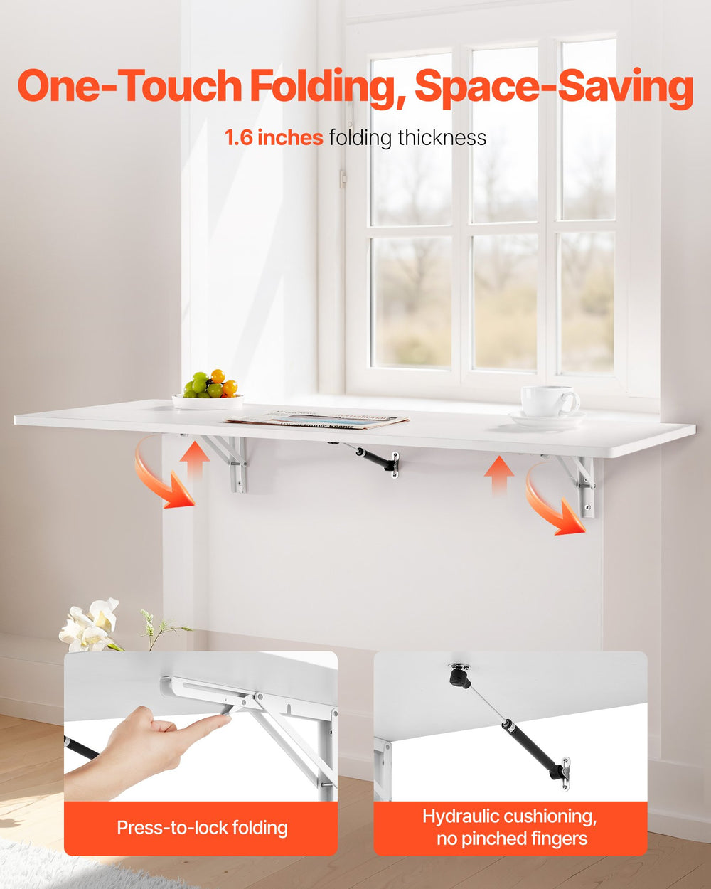 VEVOR Wall Mounted Folding Table, 43.3 x 18 inches Wall Mount Table, Floating Desk with Iron Bracket, Fold Down Desk for Small Spaces, Home Office, Dining, Laundry Room, Kitchen, Bar, White