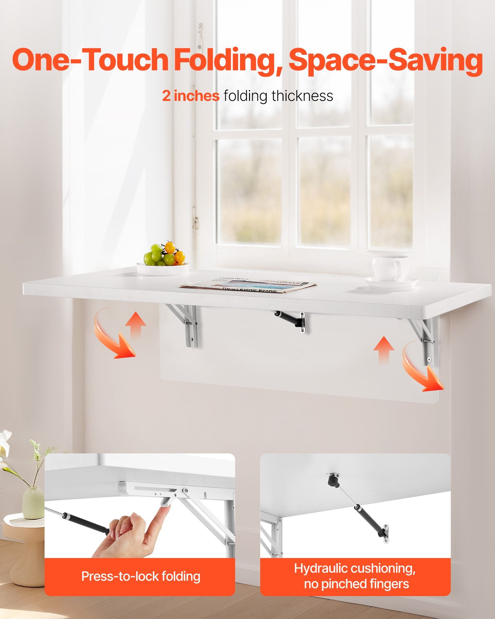 VEVOR Wall Mounted Folding Table, 39.4 x 19.7 inches Wall Mount Table, Floating Desk with Iron Bracket, Fold Down Desk for Small Spaces, Home Office, Dining, Laundry Room, Kitchen, Bar, White