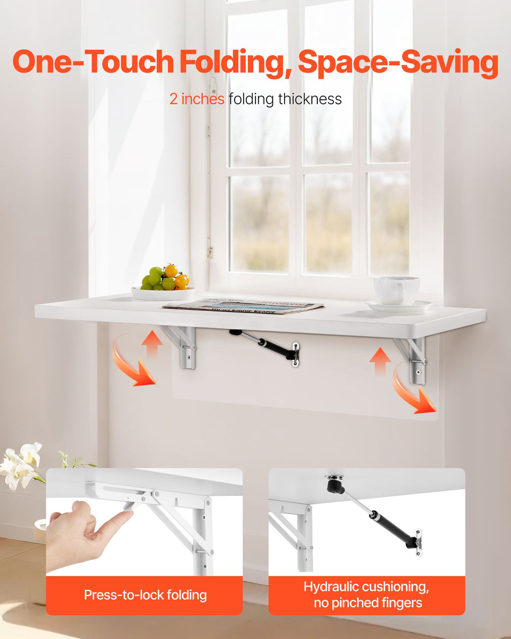 VEVOR Wall Mounted Folding Table, 47.2 x 19.7 inches Wall Mount Table, Floating Desk with Iron Bracket, Fold Down Desk for Small Spaces, Home Office, Dining, Laundry Room, Kitchen, Bar, White