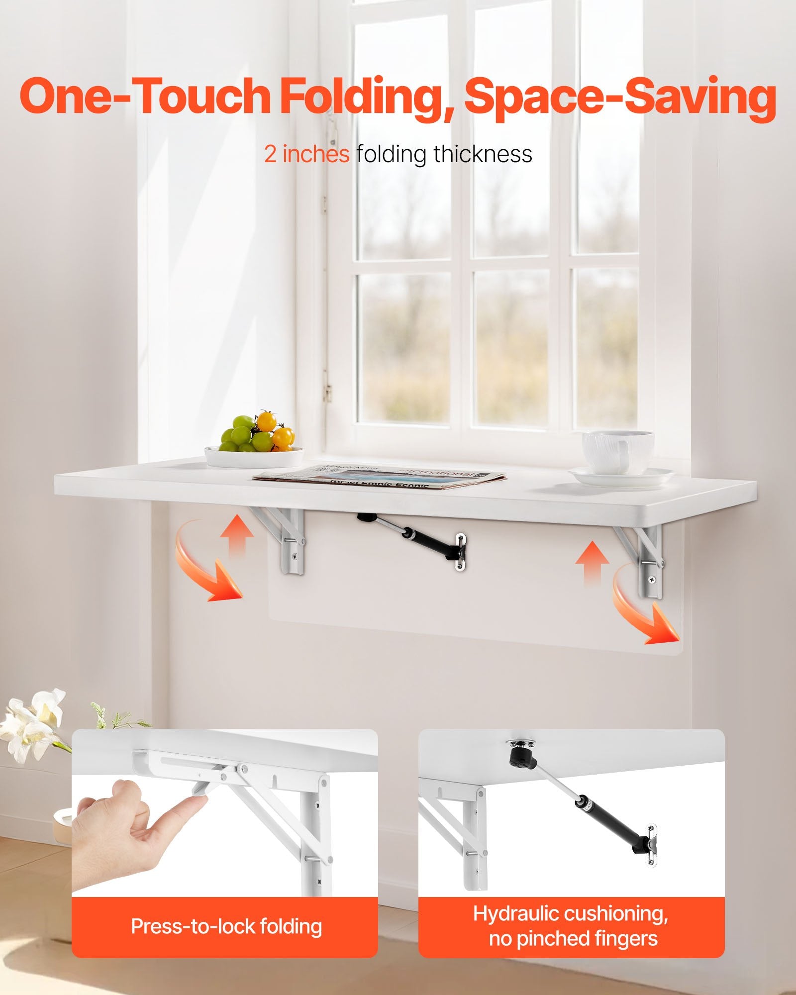 VEVOR Wall Mounted Folding Table, 47.2 x 19.7 inches Wall Mount Table, Floating Desk with Iron Bracket, Fold Down Desk for Small Spaces, Home Office, Dining, Laundry Room, Kitchen, Bar, White