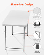 VEVOR Folding Table, 4 Ft Heavy Duty Portable Fold-in-Half Utility Table, Indoor Outdoor Plastic Rectangle Table with Adjustable Height and Built in Handle, for Party, Dining, Picnic, Camping, White
