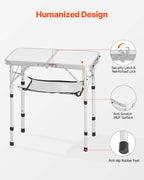 VEVOR Folding Camping Table, Adjustable Height Portable Side Tables, Aluminum MDF Beach Table with Mesh Layer, Carrying Handle, Lightweight Compact for Outdoor Picnic BBQ Cooking, 24x16in, Silver