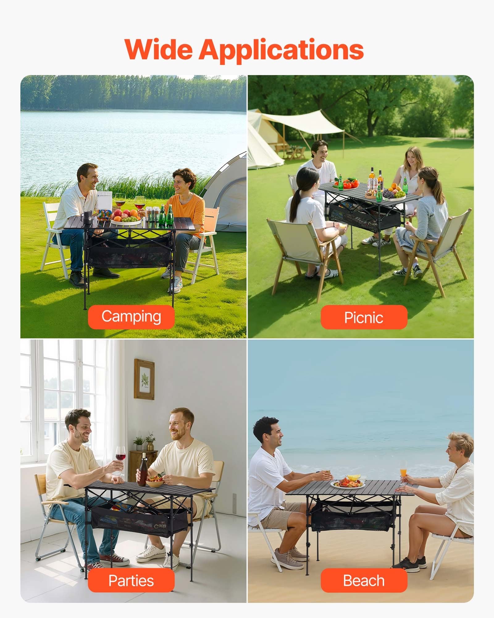 VEVOR Folding Camping Table, Portable Roll Up Side Tables, Lightweight Aluminum Beach Table with Adjustable Height, Large Storage Bag and Carry Bag, For Outdoor BBQ Tailgating Picnic, Travel, Black