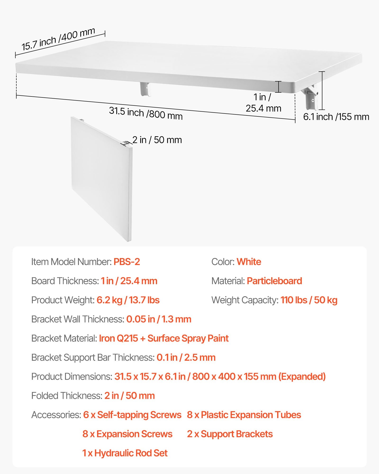 VEVOR Wall Mounted Folding Table, 31.5 x 15.7 inches Wall Mount Table, Floating Desk with Iron Bracket, Fold Down Desk for Small Spaces, Home Office, Dining, Laundry Room, Kitchen, Bar, White