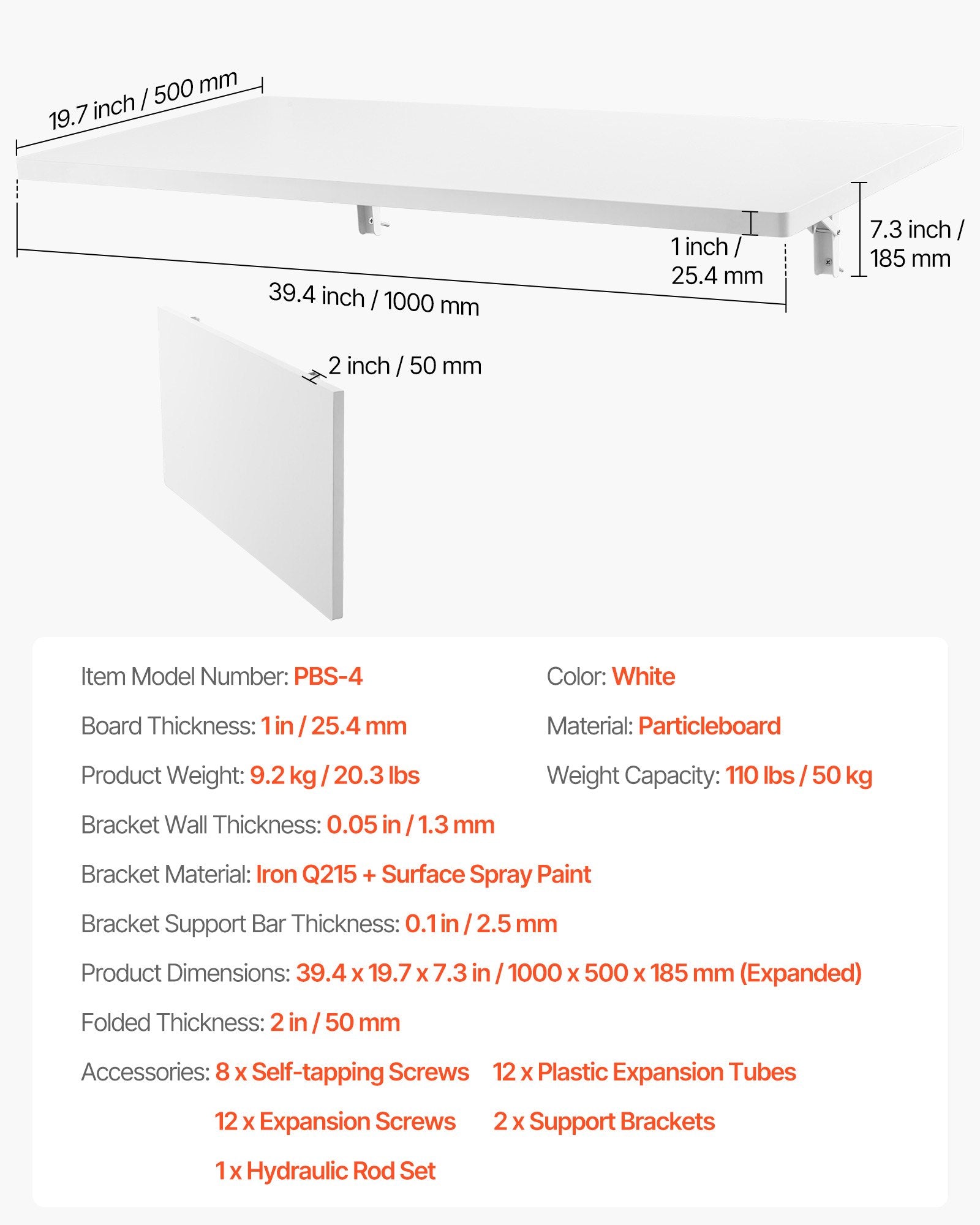 VEVOR Wall Mounted Folding Table, 39.4 x 19.7 inches Wall Mount Table, Floating Desk with Iron Bracket, Fold Down Desk for Small Spaces, Home Office, Dining, Laundry Room, Kitchen, Bar, White
