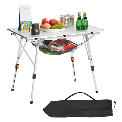 VEVOR Folding Camping Table, Portable Roll Up Side Tables, Lightweight Aluminum Beach Table with Adjustable Height, Top Mesh Layer and Carry Bag, For Outdoor BBQ Tailgating Picnic, Travel, Silver