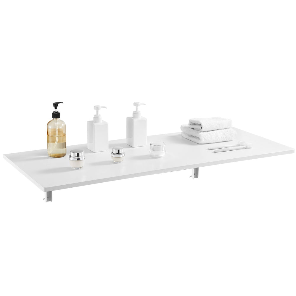 VEVOR Wall Mounted Folding Table, 43.3 x 18 inches Wall Mount Table, Floating Desk with Iron Bracket, Fold Down Desk for Small Spaces, Home Office, Dining, Laundry Room, Kitchen, Bar, White