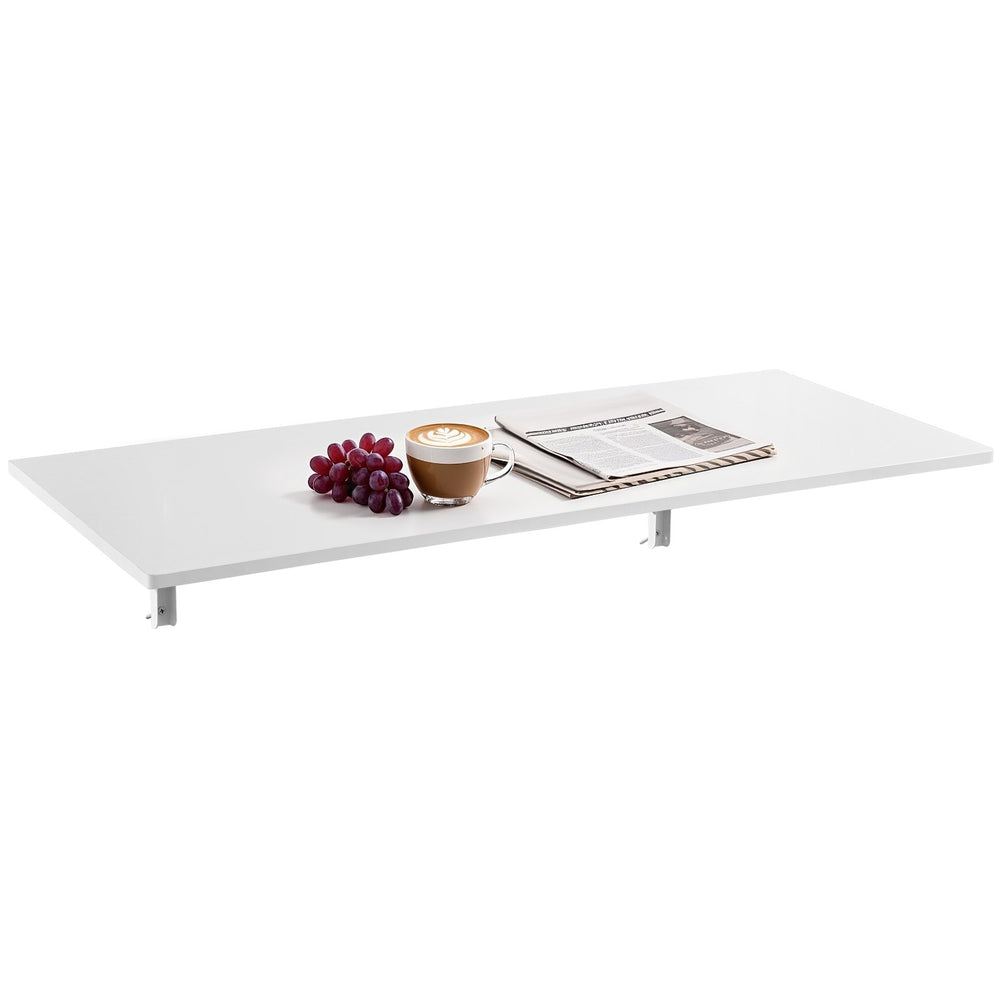 VEVOR Wall Mounted Folding Table, 43.3 x 18 inches Wall Mount Table, Floating Desk with Iron Bracket, Fold Down Desk for Small Spaces, Home Office, Dining, Laundry Room, Kitchen, Bar, White