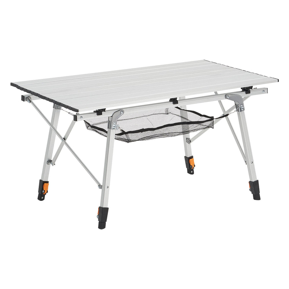 VEVOR Folding Camping Table, Portable Roll Up Side Tables, Lightweight Aluminum Beach Table with Adjustable Height, Top Mesh Layer and Carry Bag, For Outdoor BBQ Tailgating Picnic, Travel, Silver