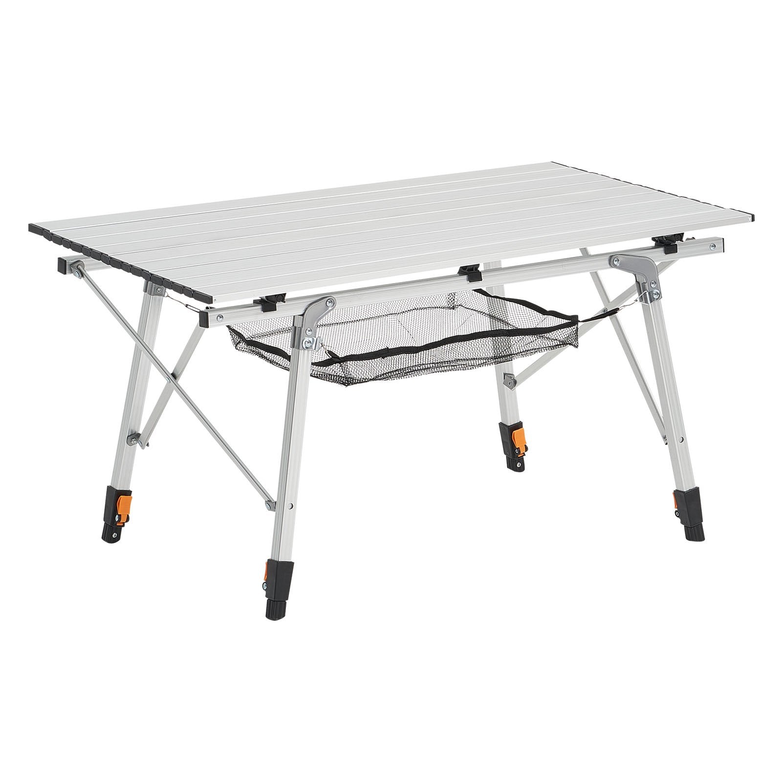 VEVOR Folding Camping Table, Portable Roll Up Side Tables, Lightweight Aluminum Beach Table with Adjustable Height, Top Mesh Layer and Carry Bag, For Outdoor BBQ Tailgating Picnic, Travel, Silver
