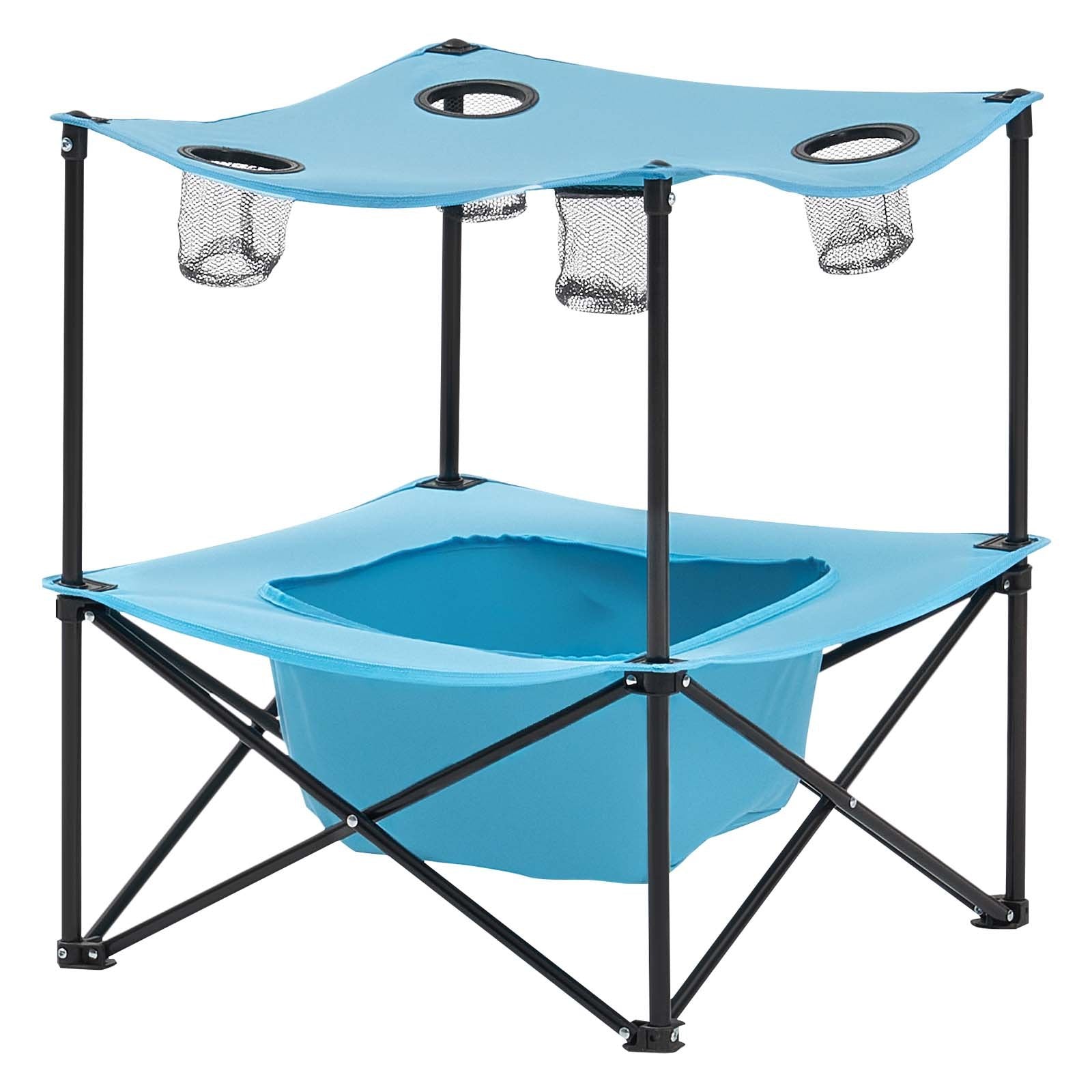 VEVOR Folding Camping Table, Portable Outdoor Lightweight Picnic Table, 600D Oxford Fabric Waterproof Canvas Travel Beach Tables, with 4 Cup Holders, Carry Bag, for Tailgating Camping Picnic, Blue