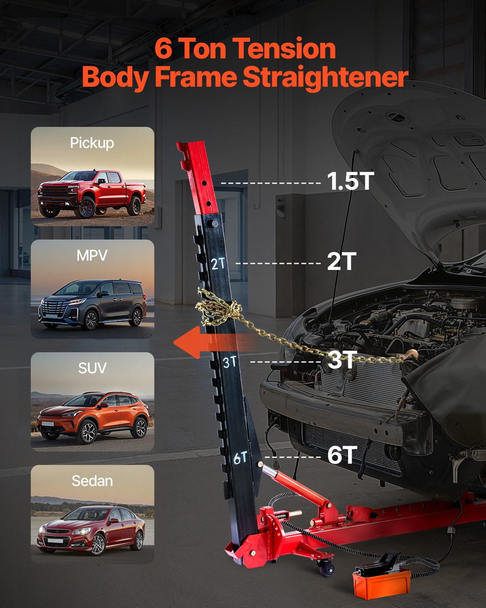 VEVOR Auto Body Frame Puller Straightener, 6T Tension Car Body Repair Equipment with 3T Airbag Jack & 6000PSI Hydraulic Foot Pump, Include 16 Straightening Tools, for Auto Repair Shop Sedan SUV Pickup