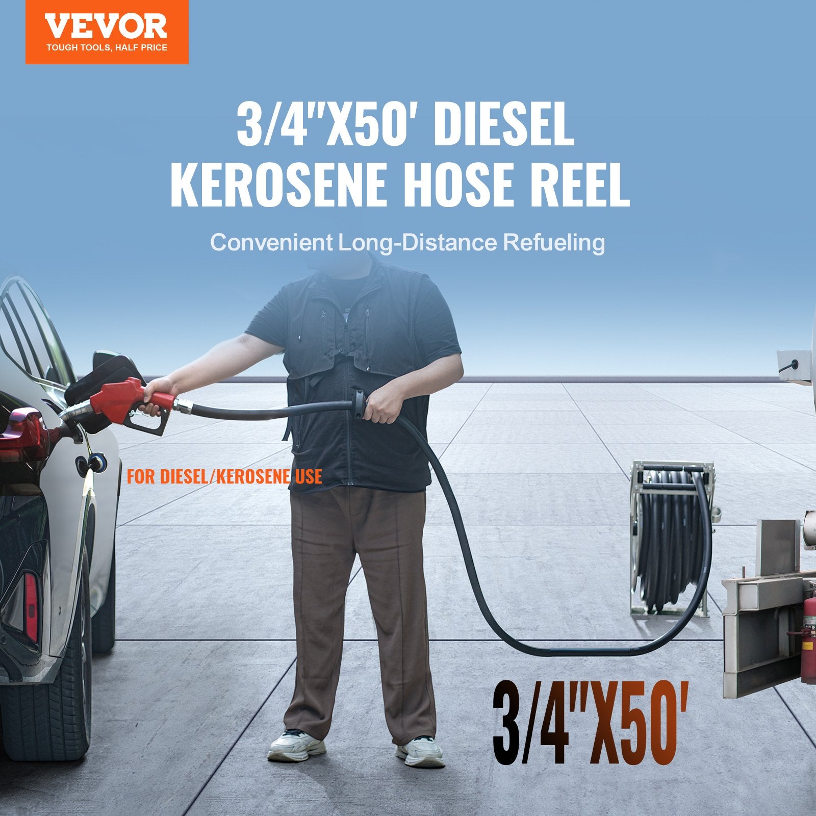 VEVOR Fuel Hose Reel, 19.05 mm x 15.24 m, Extra Long Retractable Diesel Hose Reel, Heavy-Duty Carbon Steel Construction with Automatic Fuel Nozzle, NBR Rubber Hose for Aircraft Ship Vehicle Tank Truck, 20.68 bar
