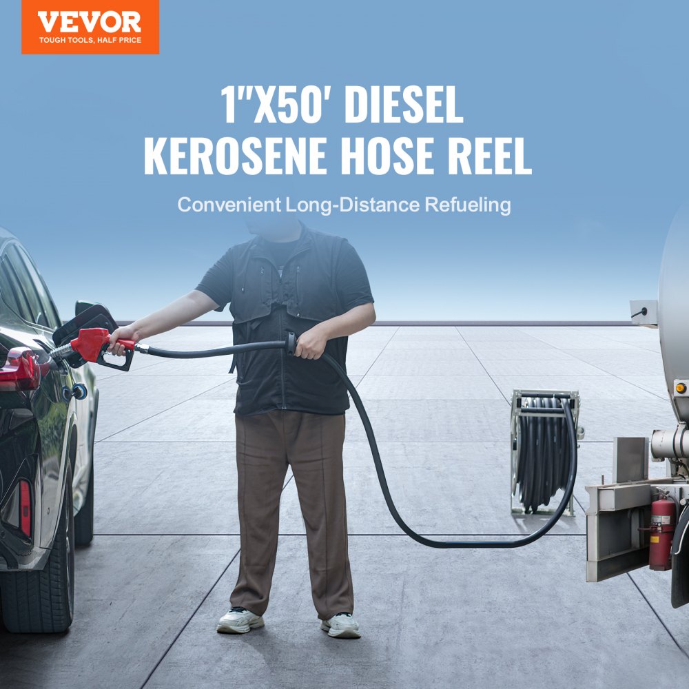 VEVOR Fuel Hose Reel, 25.4 mm x 15.24 m, Extra Long Retractable Diesel Hose Reel, Heavy-Duty Carbon Steel Construction with Automatic Fuel Nozzle, NBR Rubber Hose for Aircraft Ship Vehicle Tank Truck, 20.68 bar