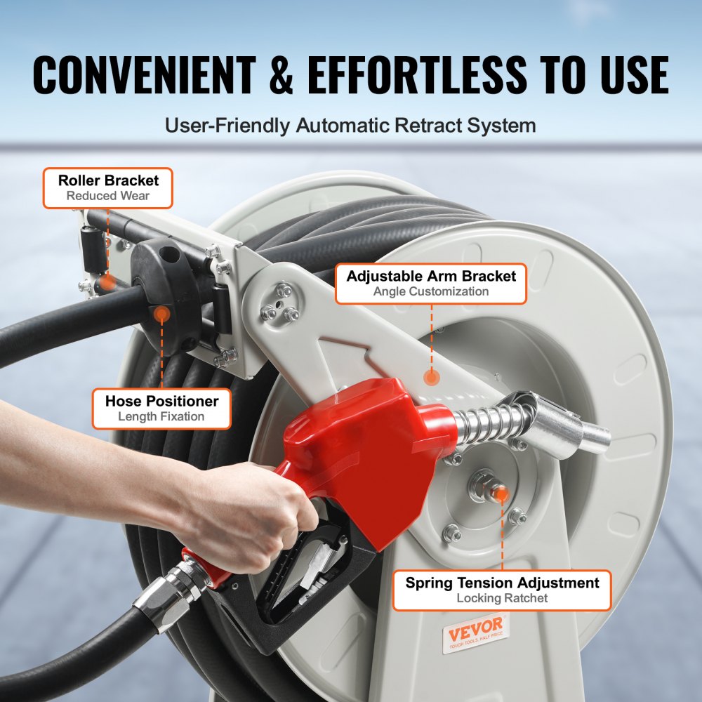 VEVOR Fuel Hose Reel, 25.4 mm x 15.24 m, Extra Long Retractable Diesel Hose Reel, Heavy-Duty Carbon Steel Construction with Automatic Fuel Nozzle, NBR Rubber Hose for Aircraft Ship Vehicle Tank Truck, 20.68 bar