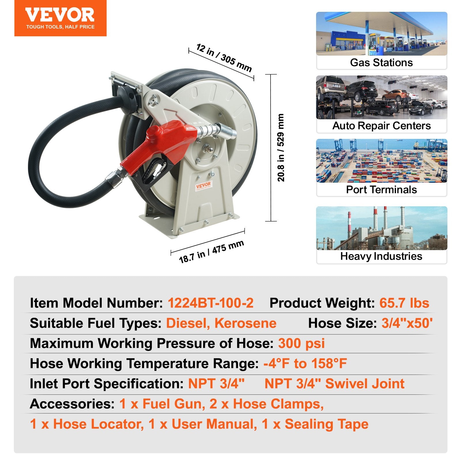 VEVOR Fuel Hose Reel, 19.05 mm x 15.24 m, Extra Long Retractable Diesel Hose Reel, Heavy-Duty Carbon Steel Construction with Automatic Fuel Nozzle, NBR Rubber Hose for Aircraft Ship Vehicle Tank Truck, 20.68 bar