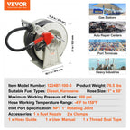 VEVOR Fuel Hose Reel, 25.4 mm x 15.24 m, Extra Long Retractable Diesel Hose Reel, Heavy-Duty Carbon Steel Construction with Automatic Fuel Nozzle, NBR Rubber Hose for Aircraft Ship Vehicle Tank Truck, 20.68 bar