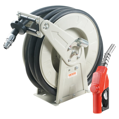 VEVOR Fuel Hose Reel, 19.05 mm x 15.24 m, Extra Long Retractable Diesel Hose Reel, Heavy-Duty Carbon Steel Construction with Automatic Fuel Nozzle, NBR Rubber Hose for Aircraft Ship Vehicle Tank Truck, 20.68 bar