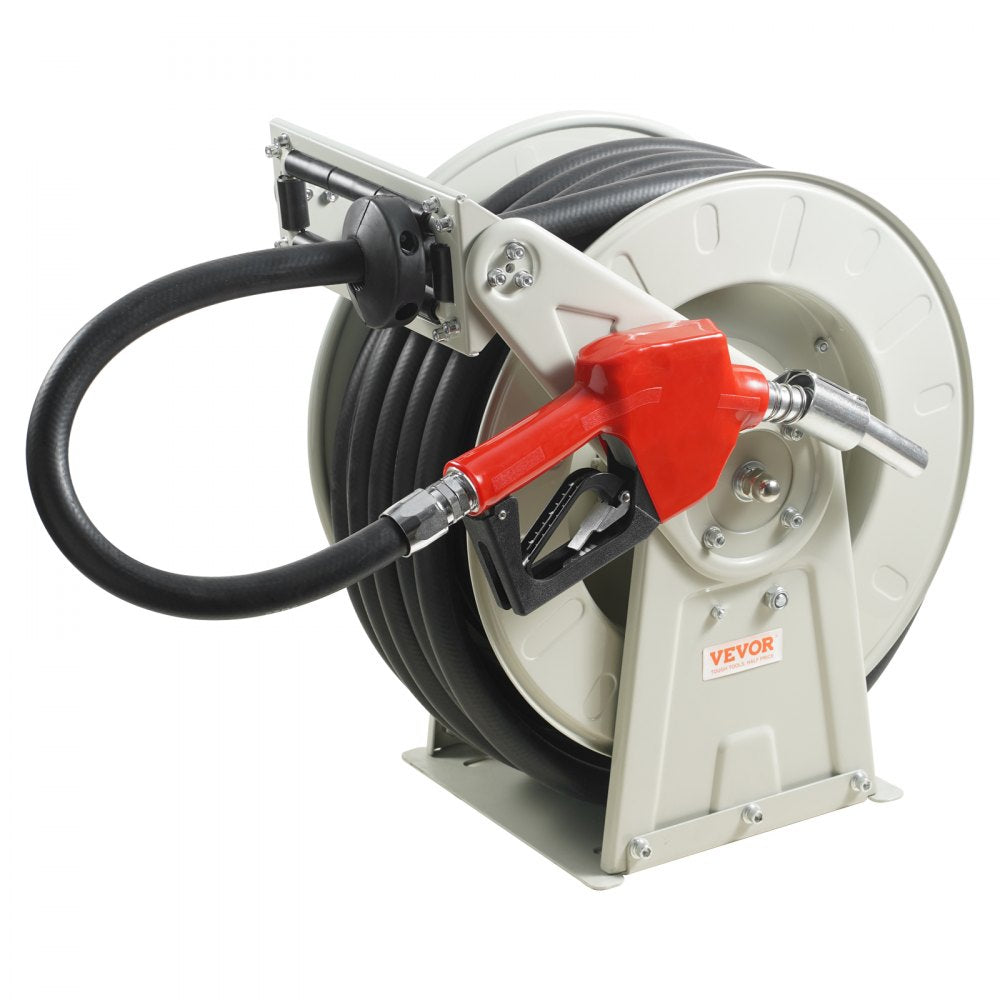 VEVOR Fuel Hose Reel, 25.4 mm x 15.24 m, Extra Long Retractable Diesel Hose Reel, Heavy-Duty Carbon Steel Construction with Automatic Fuel Nozzle, NBR Rubber Hose for Aircraft Ship Vehicle Tank Truck, 20.68 bar