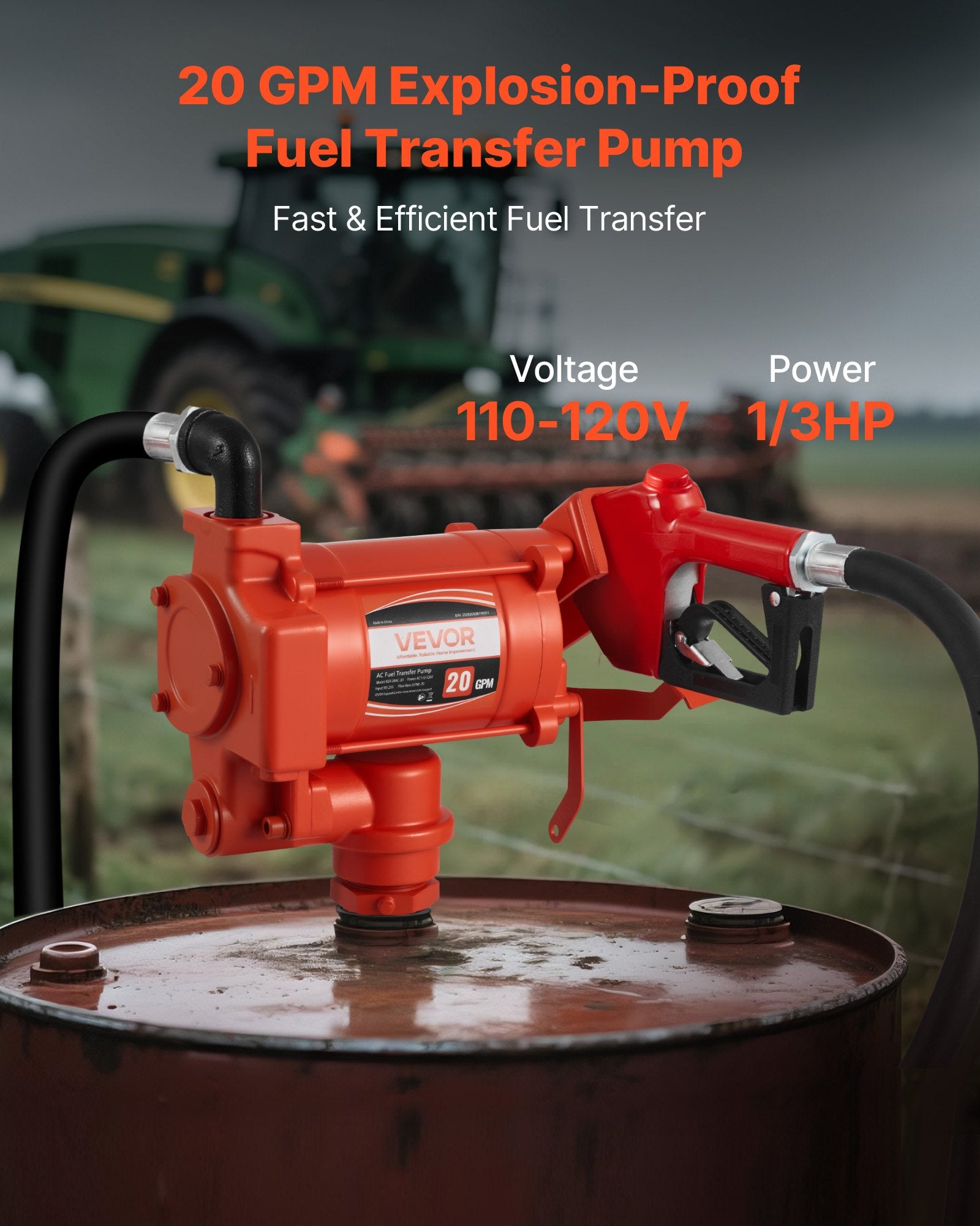 VEVOR Fuel Transfer Pump 230V, 20 GPM 76 L/min, AC Electric Oil Transfer Pump, with Auto Shut-Off Fuel Nozzle & Discharge Hose, High Flow Kit for Gasoline, Diesel, Kerosene, Biodiesel, Ethanol Blends