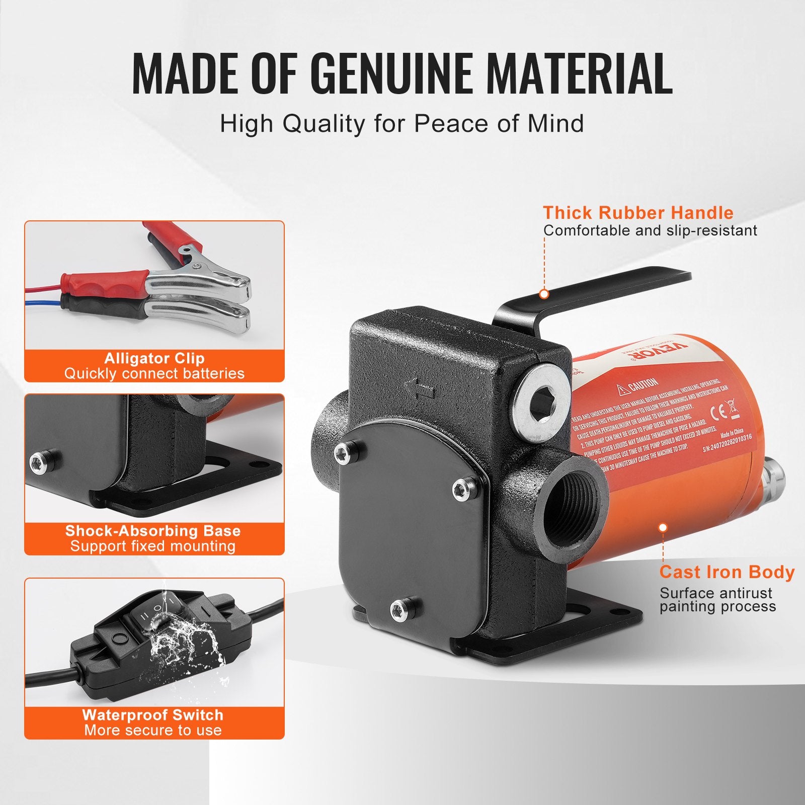 VEVOR Fuel Transfer Pump, 12V DC 19L/min(5 GPM) 75W(1/10 HP), Portable Electric Diesel Transfer Pump with Auto Shut-Off Fuel Nozzle, Long Inlet & Outlet Hose for Gasoline Diesel, Kerosene, Methanol Blends