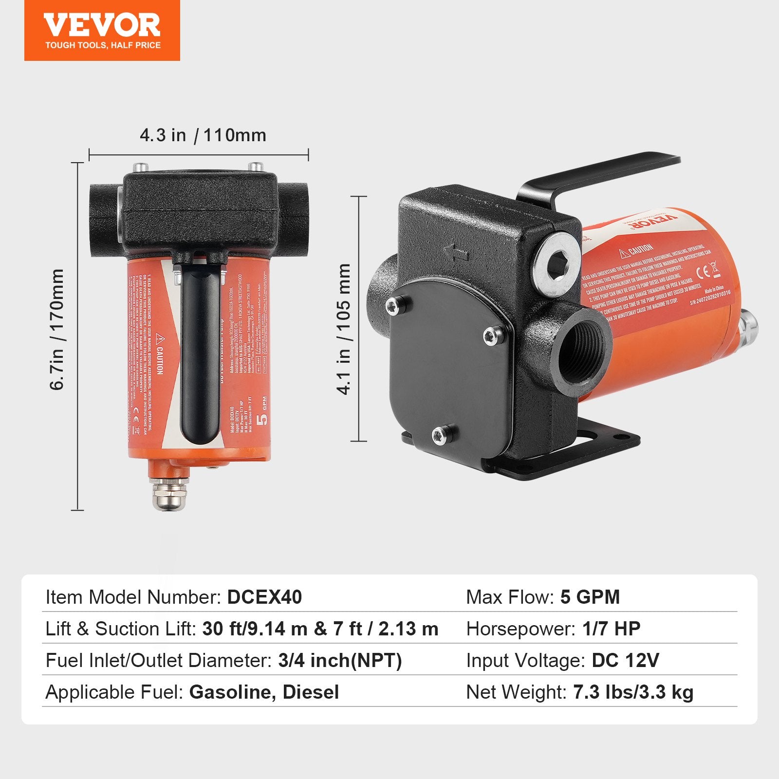 VEVOR Fuel Transfer Pump, 12V DC 19L/min(5 GPM) 75W(1/10 HP), Portable Electric Diesel Transfer Pump with Auto Shut-Off Fuel Nozzle, Long Inlet & Outlet Hose for Gasoline Diesel, Kerosene, Methanol Blends