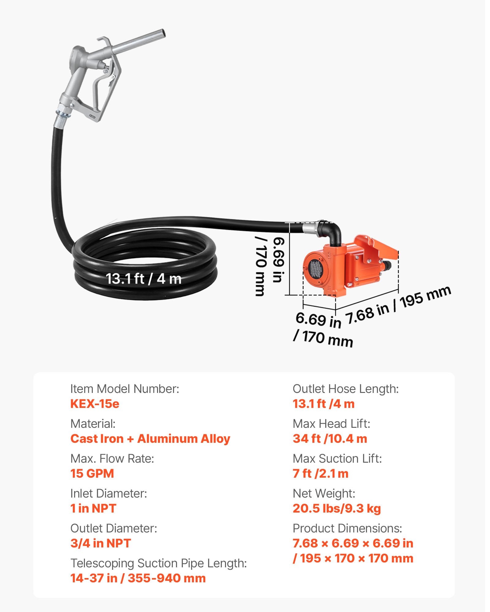 VEVOR Fuel Transfer Pump, 12V DC 57 L/min, Cast Iron Diesel Transfer Pump Kit, with Manual Nozzle, Discharge Hose, Overheat Protection, Power Cable, Explosion-Proof, for Gasoline, Diesel, Kerosene