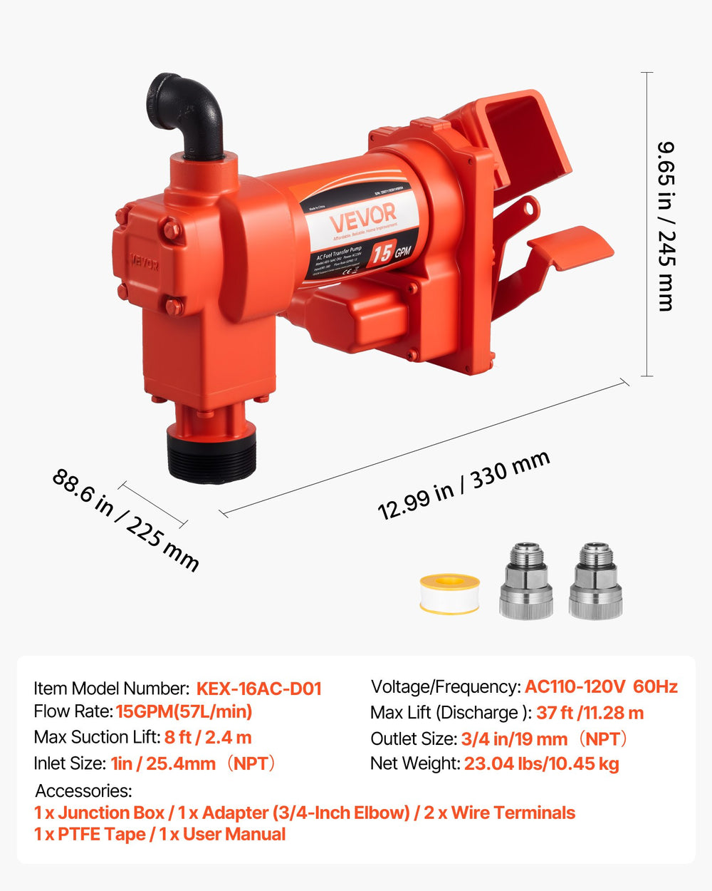 VEVOR Fuel Transfer Pump 230V, 15 GPM 57 L/min, AC Electric Oil Transfer Pump, 8 ft/2.4 m Max Suction Lift, 37 ft/11.28 m Max Lift, Overheat Protection, for Gasoline Diesel Kerosene Biodiesel Ethanol