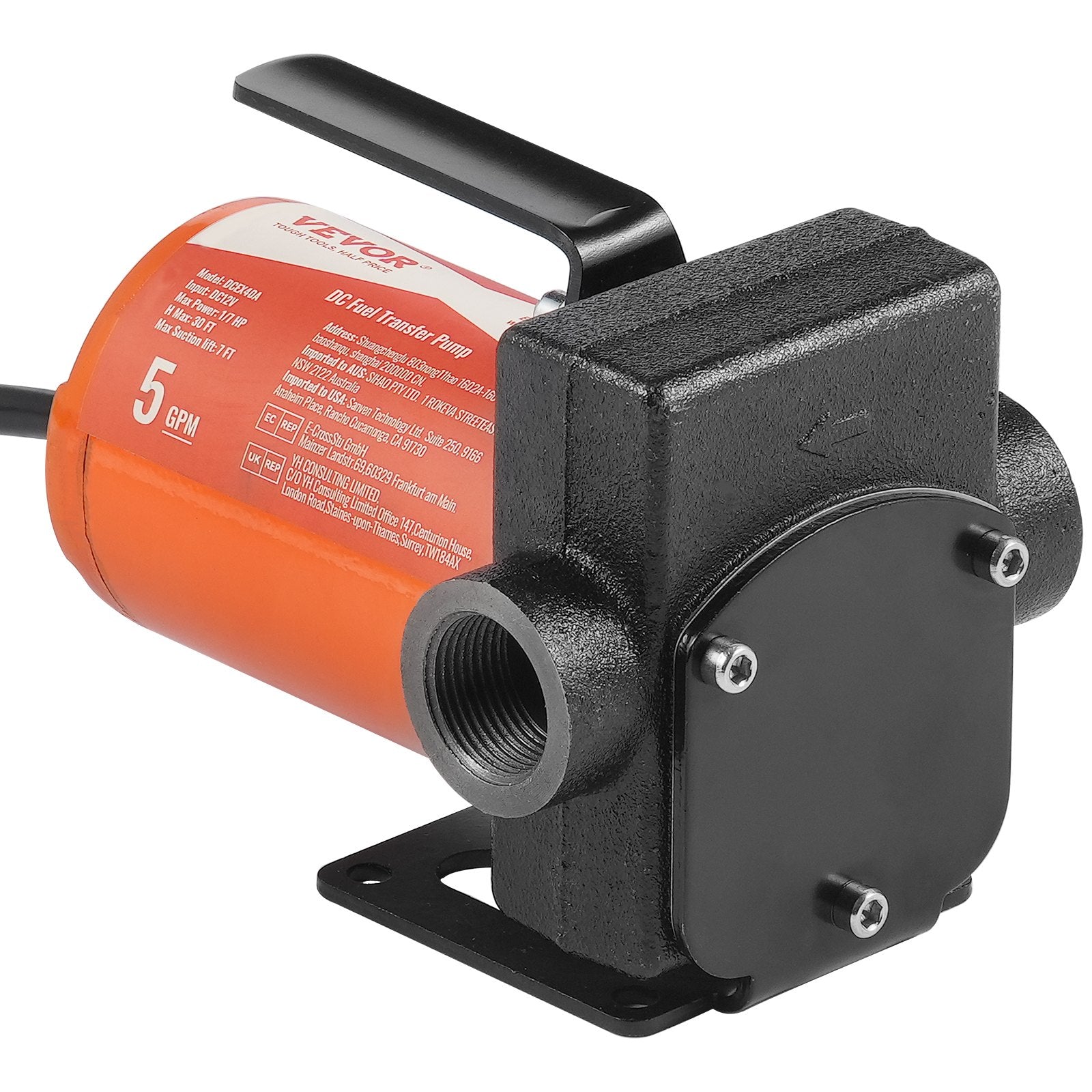 VEVOR Fuel Transfer Pump, 12V DC 19L/min(5 GPM) 75W(1/10 HP), Portable Electric Diesel Transfer Pump with Auto Shut-Off Fuel Nozzle, Long Inlet & Outlet Hose for Gasoline Diesel, Kerosene, Methanol Blends
