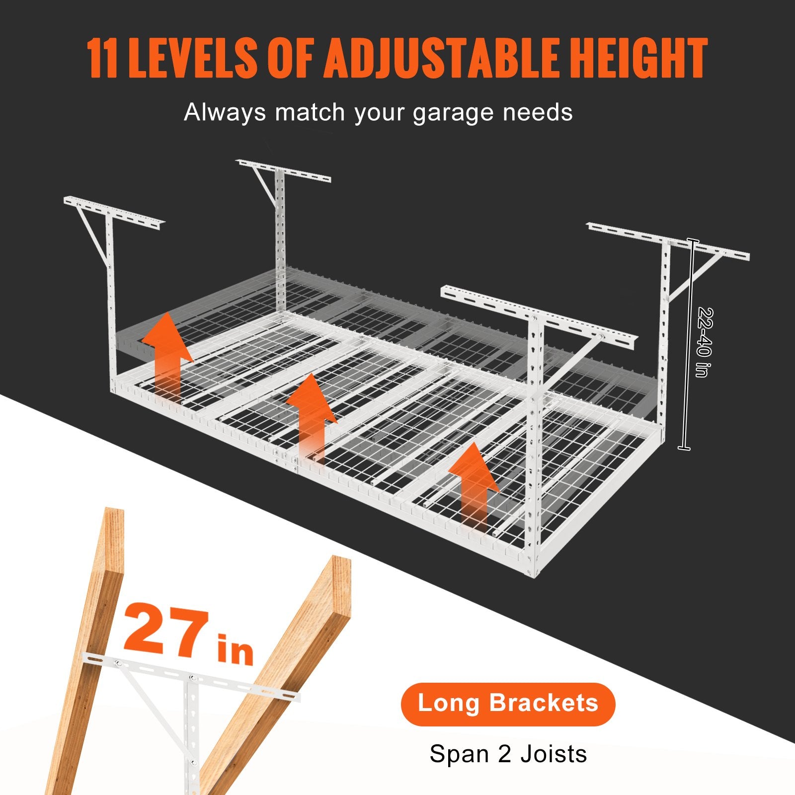 VEVOR Overhead Garage Storage Rack, 48x96 inch Garage Ceiling Storage Racks, Heavy Duty Adjustable Cold Rolled Steel Racks for Garage Storage, Organization, 600 lbs Load Capacity, 22''-40", White