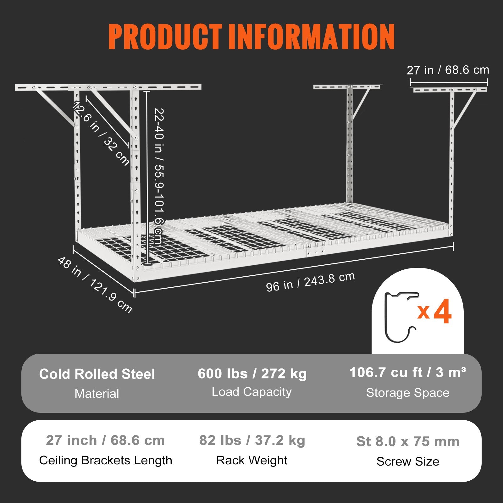 VEVOR Overhead Garage Storage Rack, 48x96 inch Garage Ceiling Storage Racks, Heavy Duty Adjustable Cold Rolled Steel Racks for Garage Storage, Organization, 600 lbs Load Capacity, 22''-40", White
