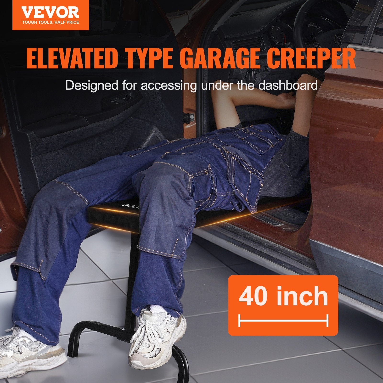 VEVOR Under Dash Creeper, 1016 mm, 149.7 kg Capacity Rolling Mechanic Garage Creeper, 20.3-27.4 in Height Adjustable, Laying Down or Upright Inside of Car or Truck, Easy Fold Support for Garage Shop