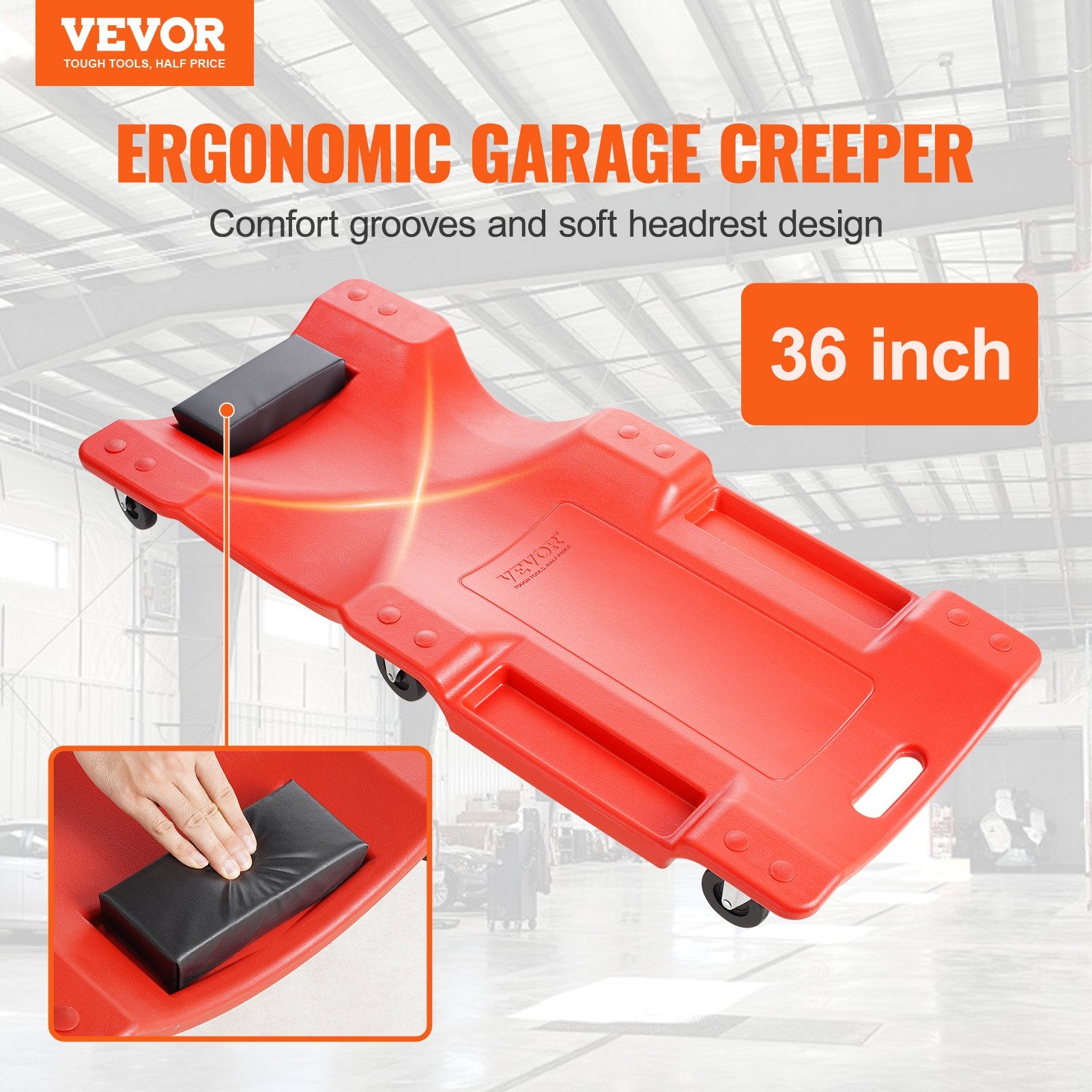 VEVOR Mechanic Plastic Creeper, 914 mm, 158.8 kg Capacity Automotive Rolling Garage Creeper with Molded Ergonomic HDPE Body Padded Headrest & Dual Tool Trays 6 Wheels, for Garage Shop Auto Repair