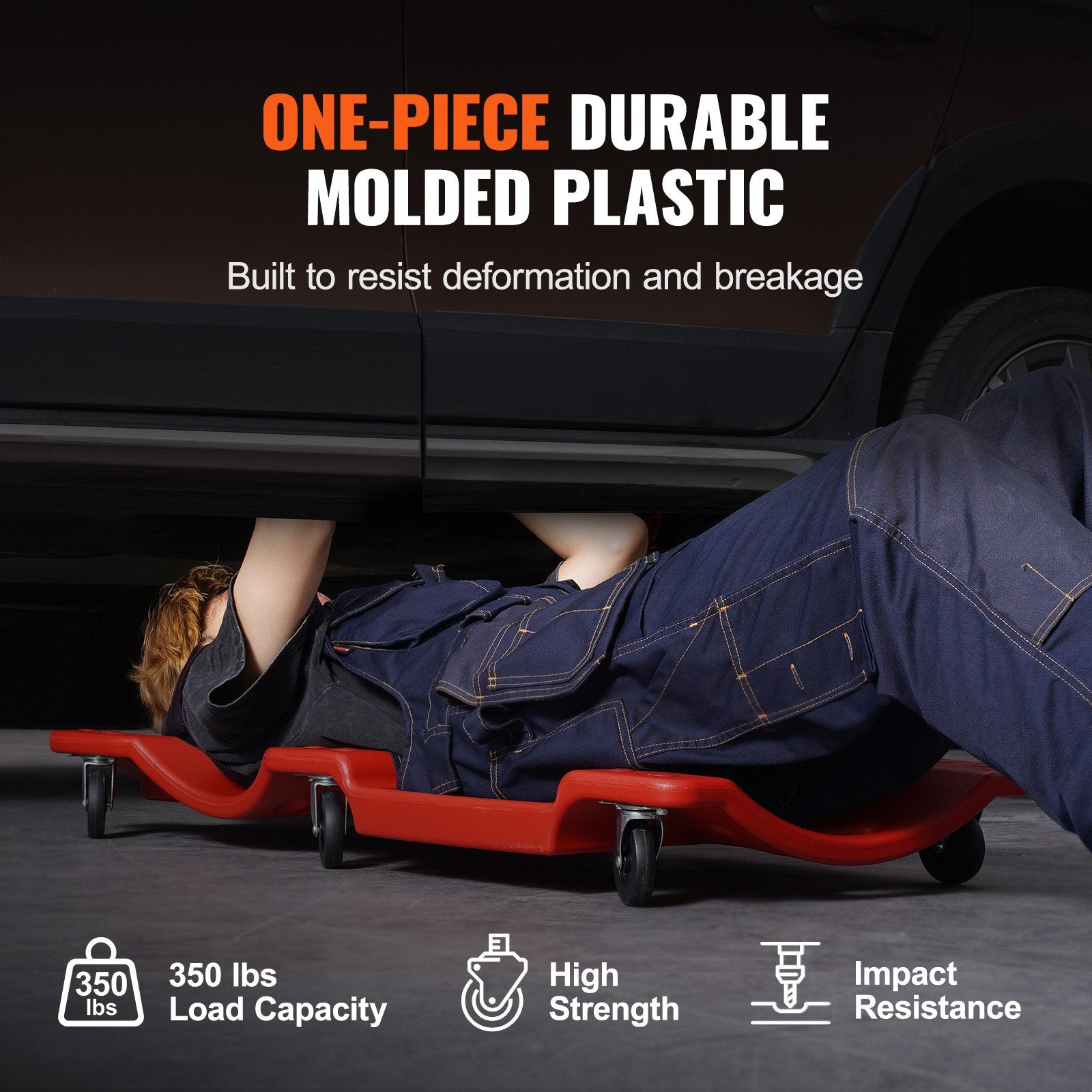 VEVOR Mechanic Plastic Creeper, 1016 mm, 158.8 kg Capacity Automotive Rolling Garage Creeper with Molded Ergonomic HDPE Body Padded Headrest & Dual Tool Trays 6 Wheels, for Garage Shop Auto Repair