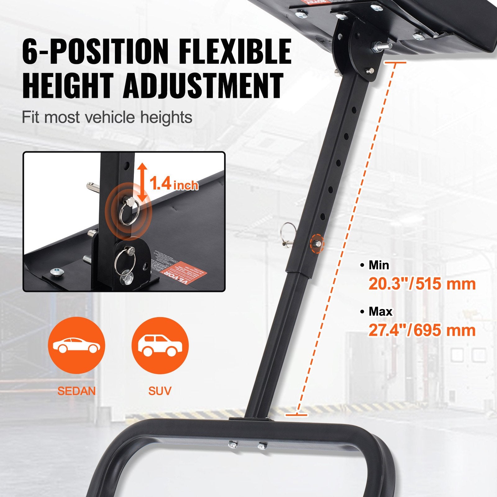 VEVOR Under Dash Creeper, 1016 mm, 149.7 kg Capacity Rolling Mechanic Garage Creeper, 20.3-27.4 in Height Adjustable, Laying Down or Upright Inside of Car or Truck, Easy Fold Support for Garage Shop
