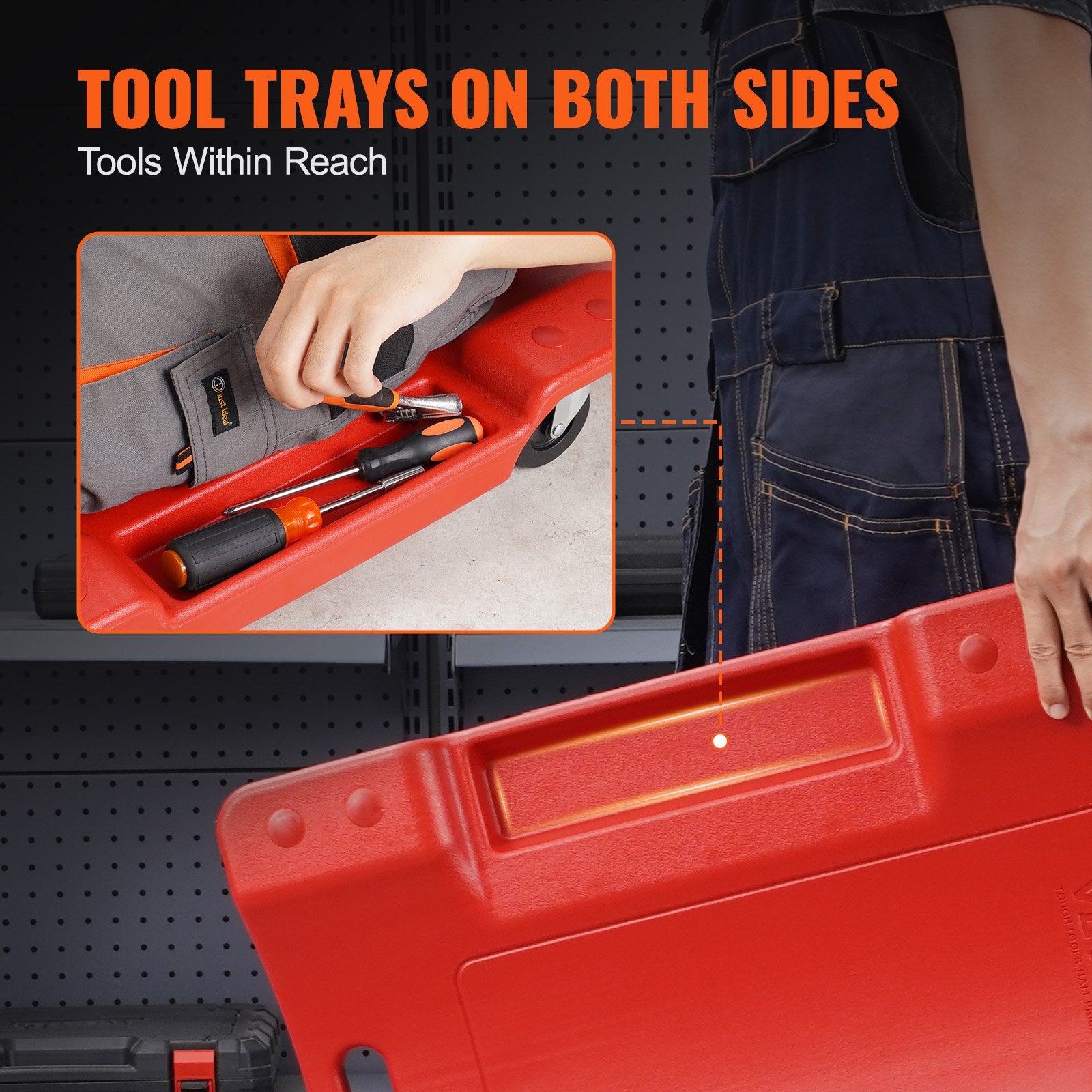VEVOR Mechanic Plastic Creeper, 1016 mm, 158.8 kg Capacity Automotive Rolling Garage Creeper with Molded Ergonomic HDPE Body Padded Headrest & Dual Tool Trays 6 Wheels, for Garage Shop Auto Repair